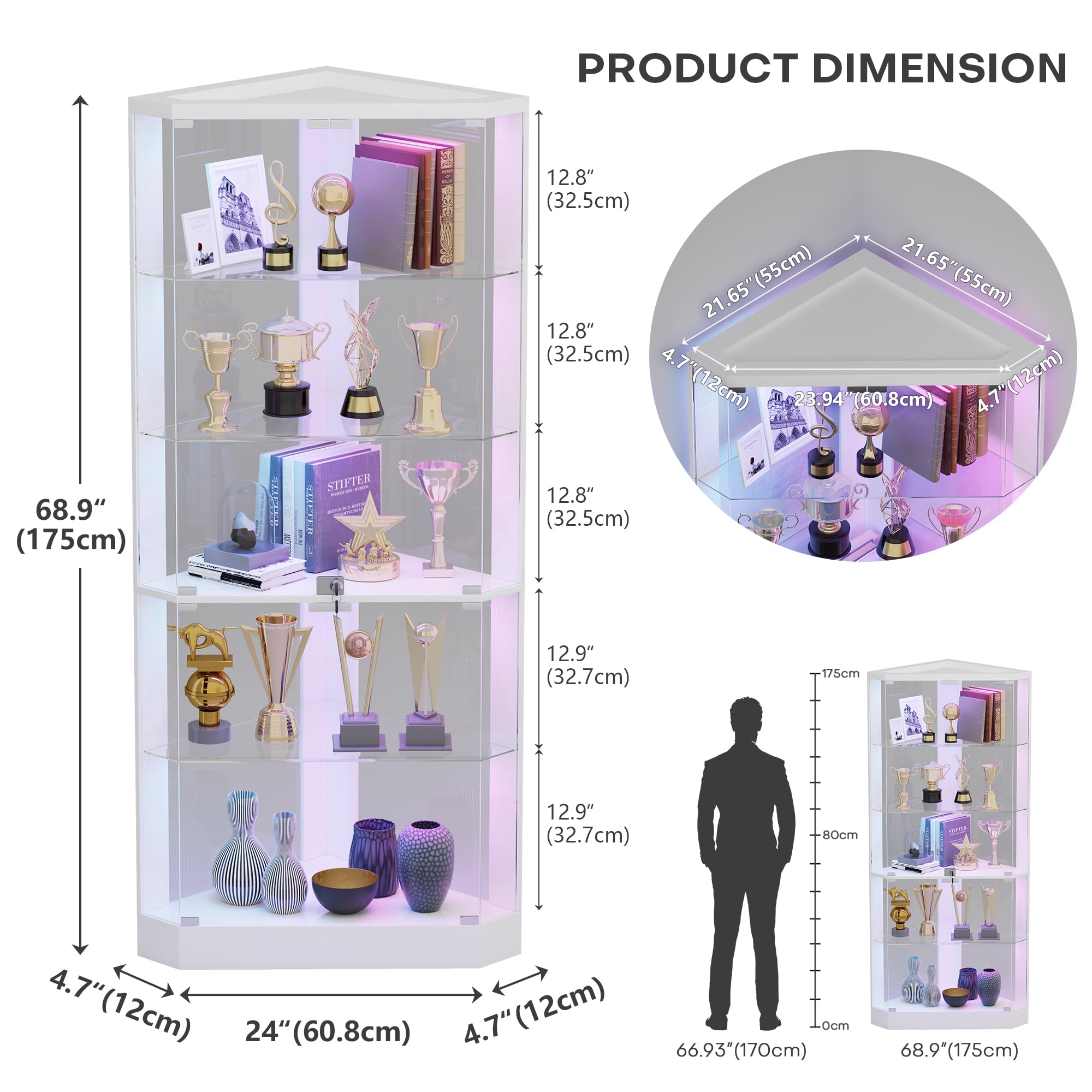 175 CM Vitrina de Esquina - con RGB Color de Luces y Sensor de Movimiento para Estar,Vitrina de Cristal con 3 Estantes Ajustables&5 Capas para Salón,Expositora para Coleccionista,Blanco