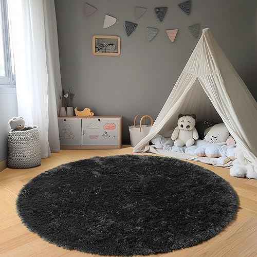 Miniatura 5 de ONASAR Bonita alfombra rosa para decoración de dormitorio de niñas, 4 pies, alfombra redonda esponjosa de sirena para habitación de niños, alfombra