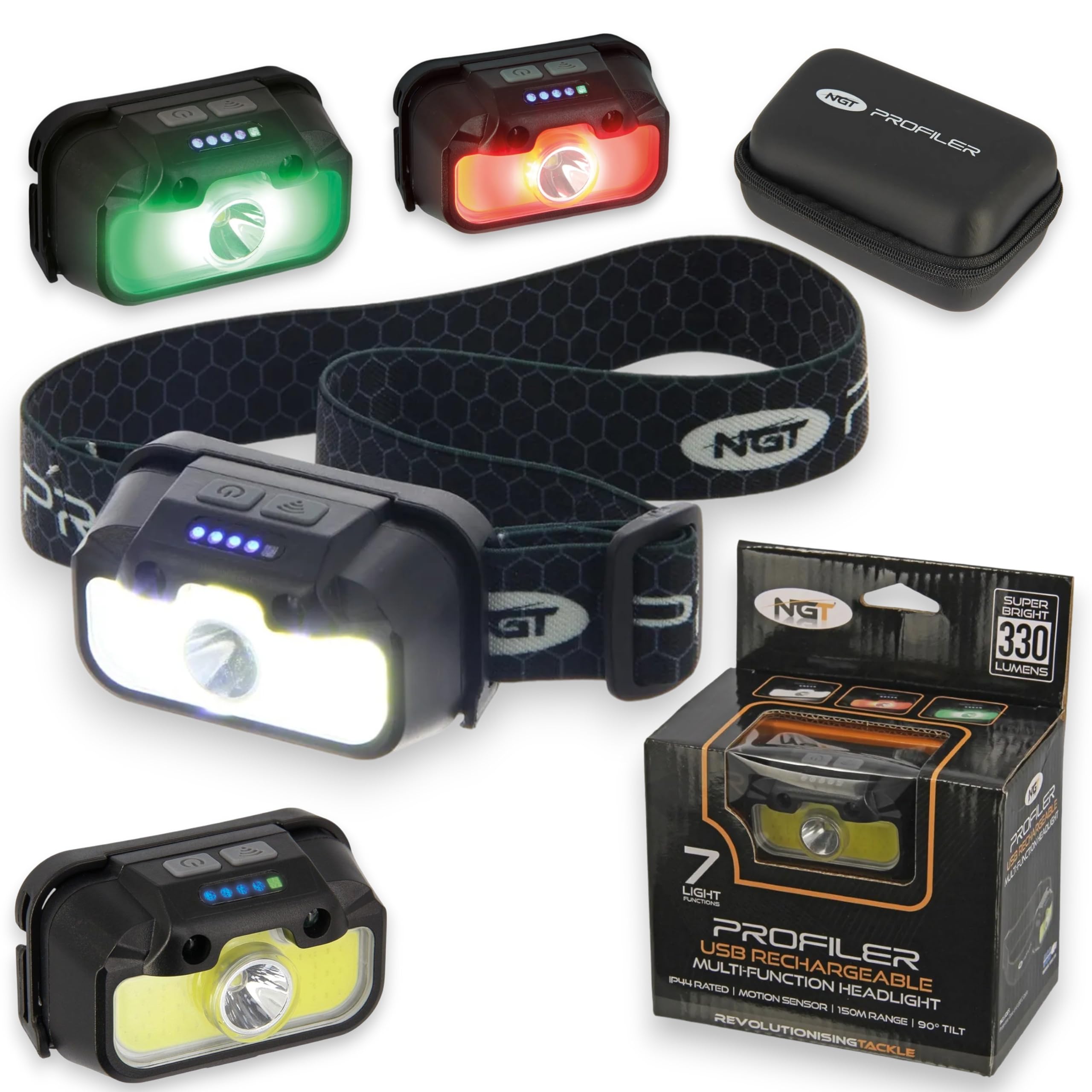 NGT Head Torch Headlamp Fishing Red Green White 330 LMS Rechargeable Sensor Beam