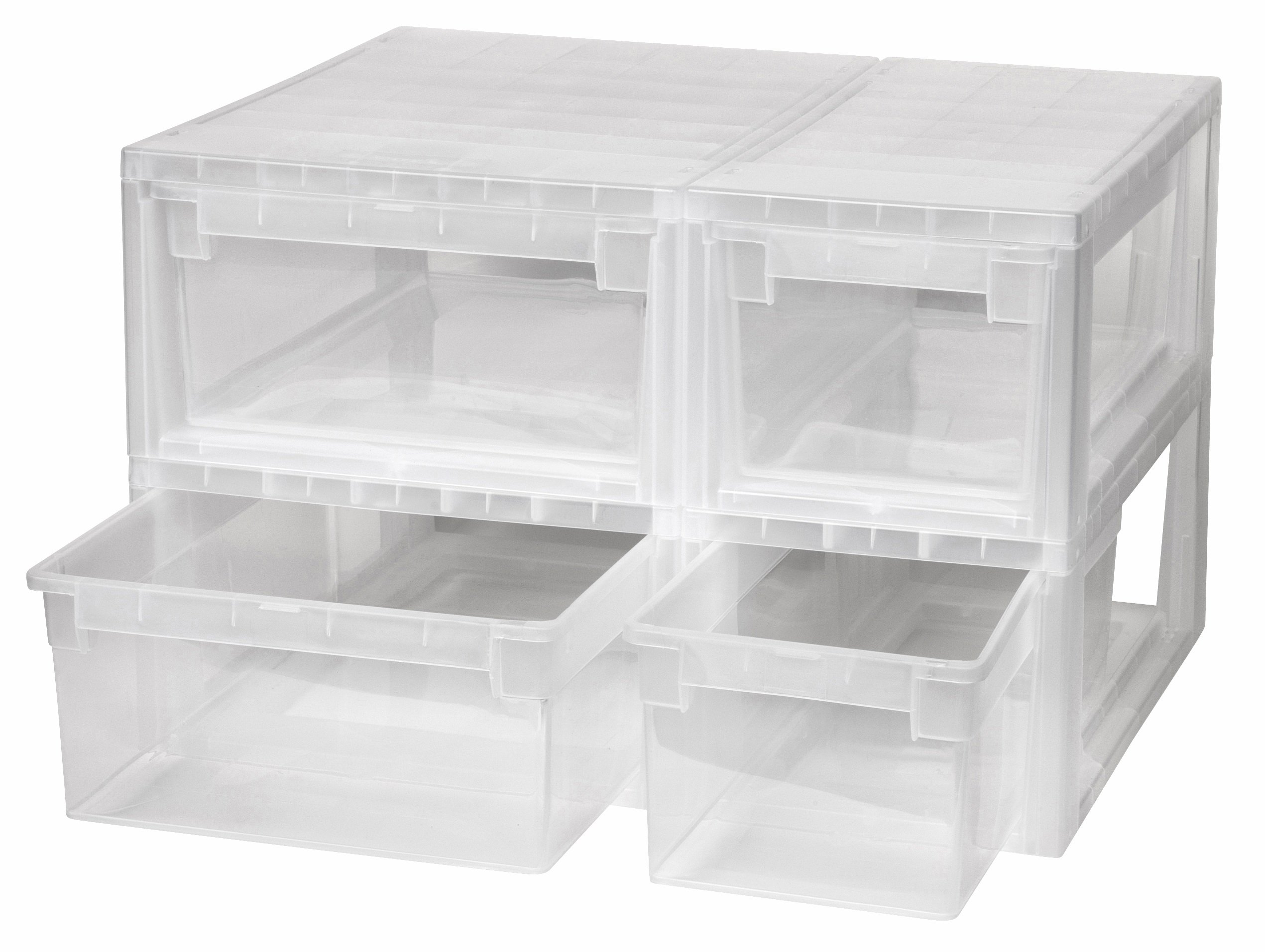 4 Stück Schubladenboxen mit Nutzvolumen 2 Stück mit 7 (S) und 2 Stück mit 12 (M) Liter. Passend für z.B. Socken, Krawatten, Shirts, Papier, Schreibwaren, etc.
