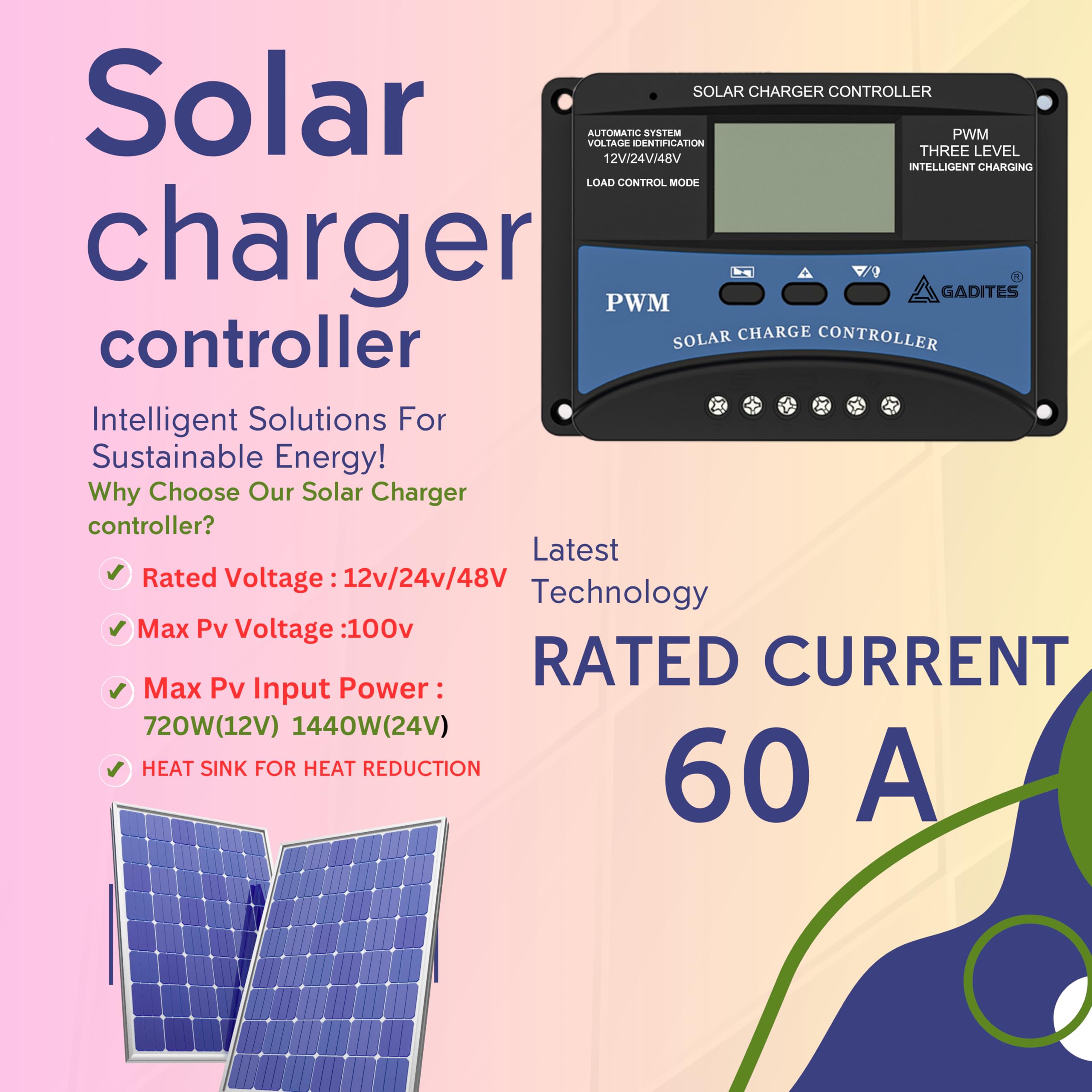 60A Solar Charge Controller PWM – Efficient and Reliable Solar Panel Regulator with LCD Display for 12V/24V/48V Systems (SOLAR CHARGER PWM 60 AMPS) - Image 2 thumbnail