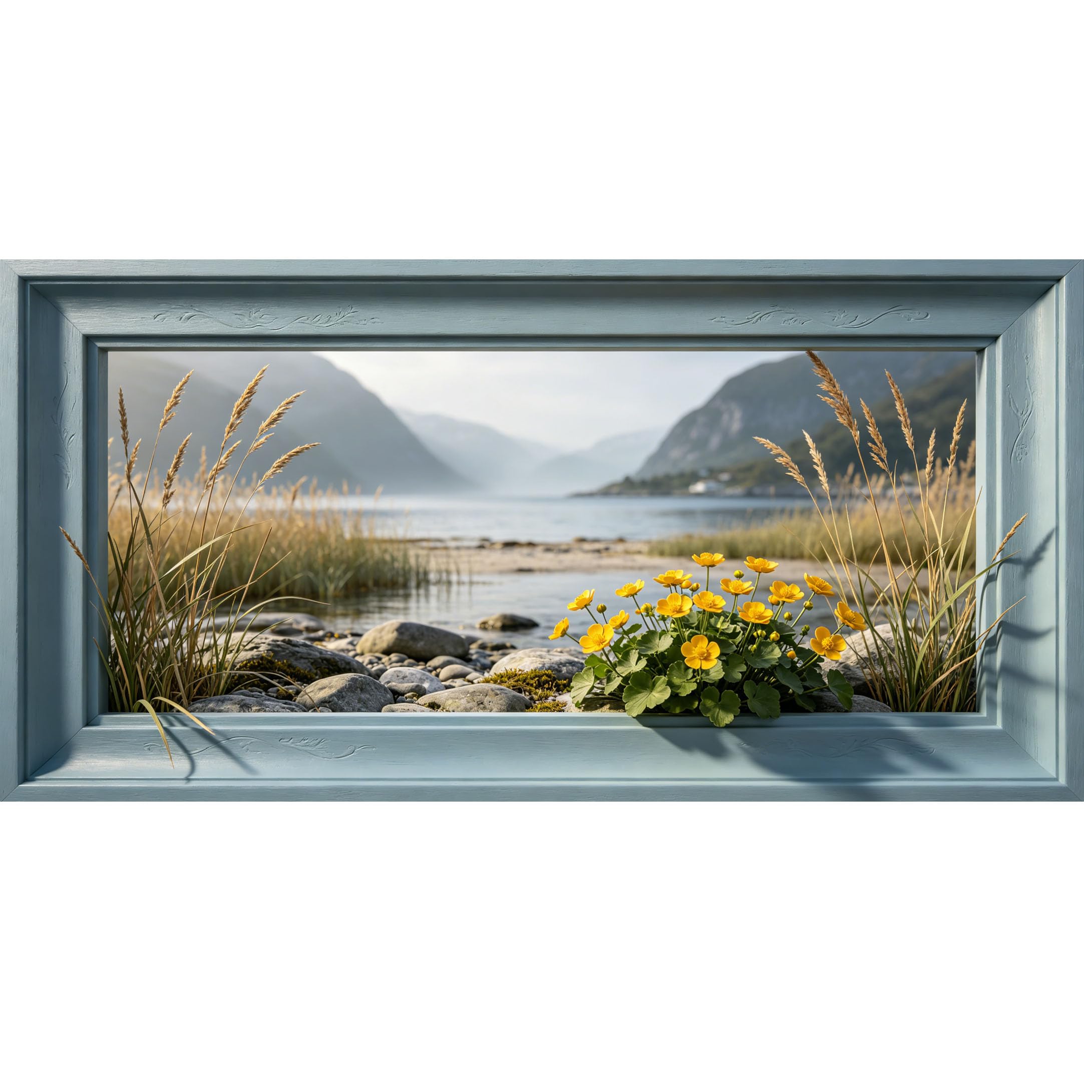 Agglomerix 3D Framed Wall Art Mountain Lake Shore Yellow Wildflowers Landscape Large Size SelfAdhesive Removable Wall Decor Prints Artwork for Living Room Bedroom Office