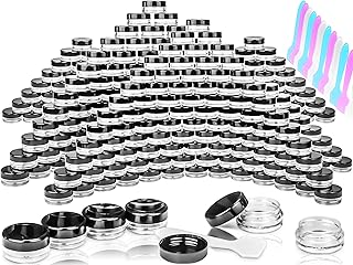 MotBach 100 Pcs 3g Empty Plastic Containers with Lids,Tiny Makeup Sample Containers Small Pot Jars Clear Round Cosmetic Jars with 20 Pcs Mini Spatulas for Liquid Sample Powder Creams (Black Lid)