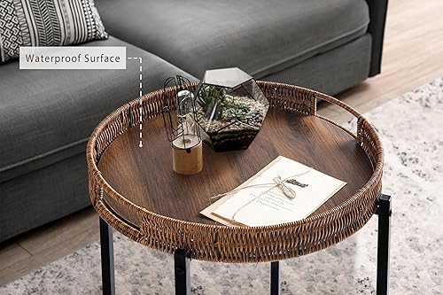 Miniatura 4 de Mesa auxiliar redonda de ratán de 16.5 pulgadas con parte superior de madera, mesa auxiliar de mimbre pequeña, uso en interiores y exteriores