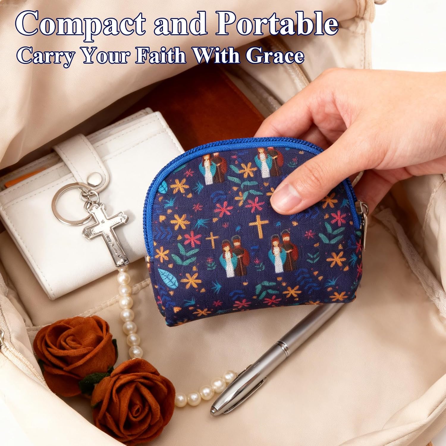 Rosary Pouch,Rosary Holder Case Bag with Cross and Floral Imprint,Gifts for Catholic Women Men,Zippered Catholic Pouch as Christian Gifts for Easter,Lent,and for Religious Travel - Image 4
