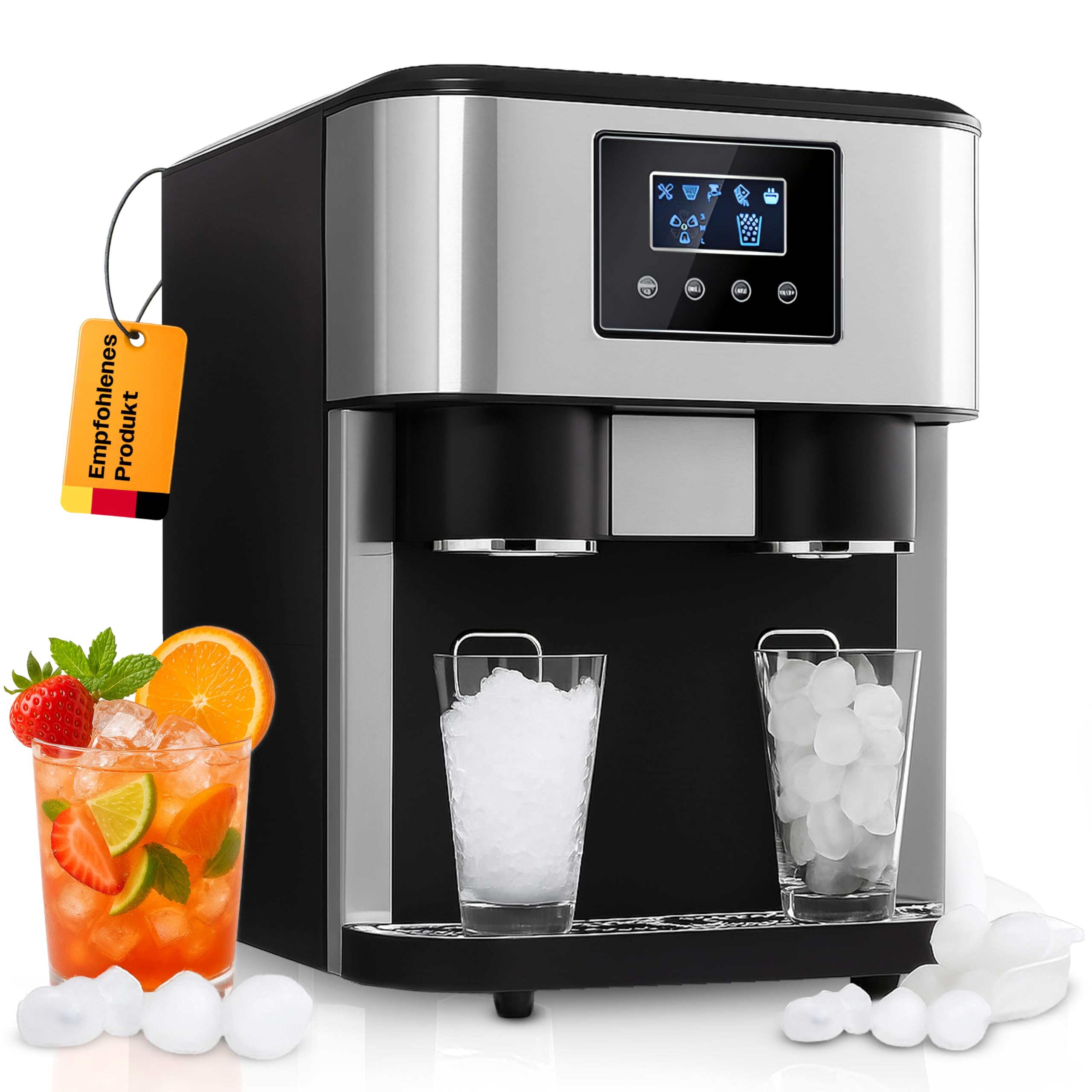 Retoo Premium 3 in 1 Eiswürfelmaschine mit Crushed Ice & Wasserspender, 18kg/24h, 16 Eiswürfel in 8–10 Min, Ice Maker für Cocktails, Whisky & Zuhause, Touchpanel, 2 Eisgrößen