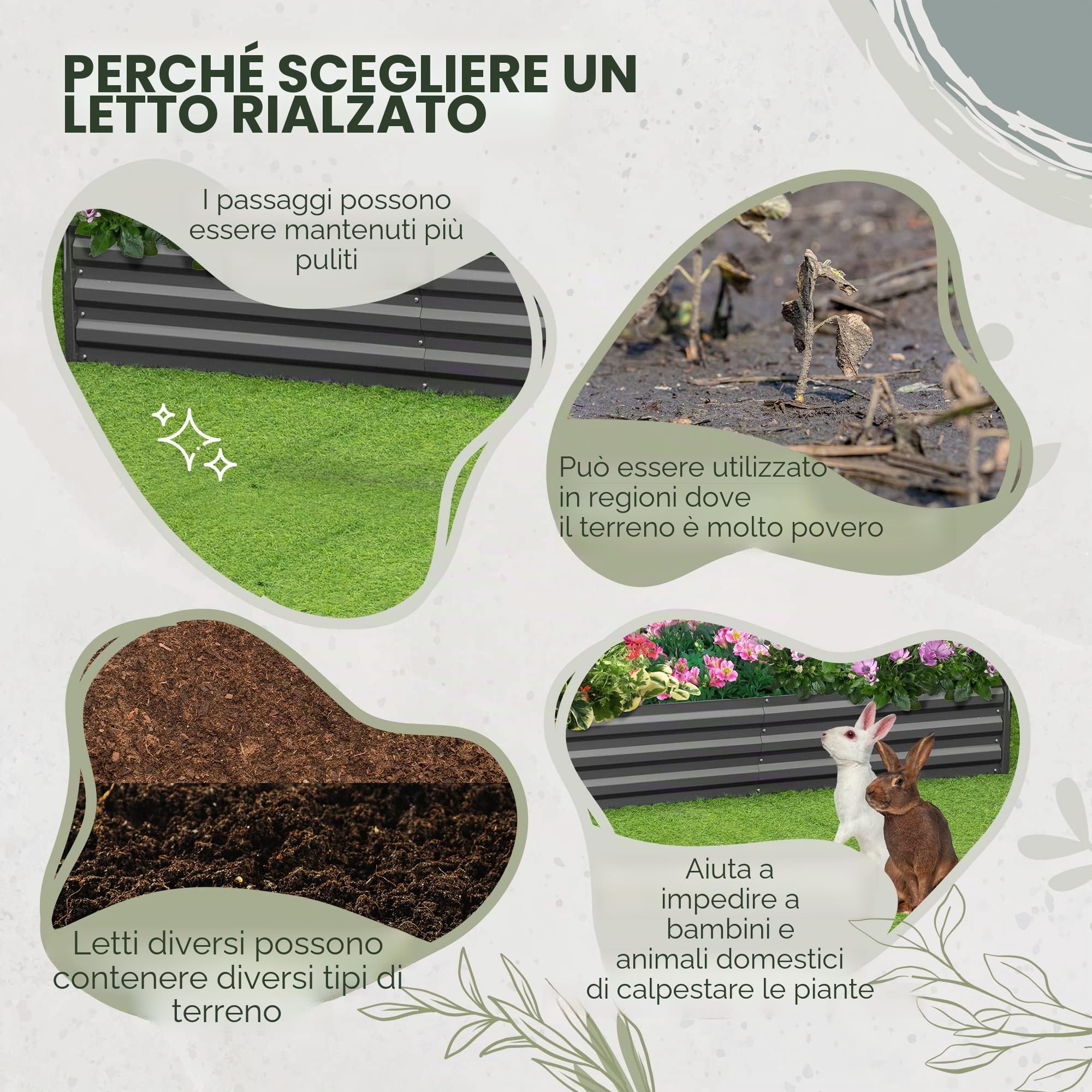 Outsunny Orto Rialzato fioriera rettangolare in acciaio zincato grande capacità 180 x 90 x 29,5 cm con tutori per pomodori e piante rampicanti