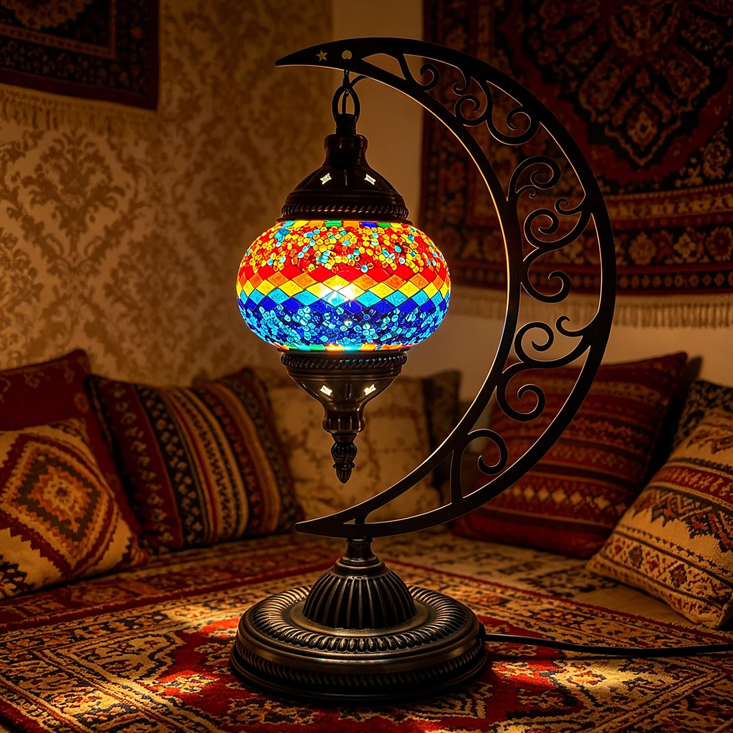 Moroccan Turkish Table Lamp Moon Shaped Turkish Mosaic Stained Glass Night Light with Bronze Base H 15.35in USB Powered Mosaic Bedside Lamp for Study Room Yoga Room Christmas Decor(Colorful6) — image 1