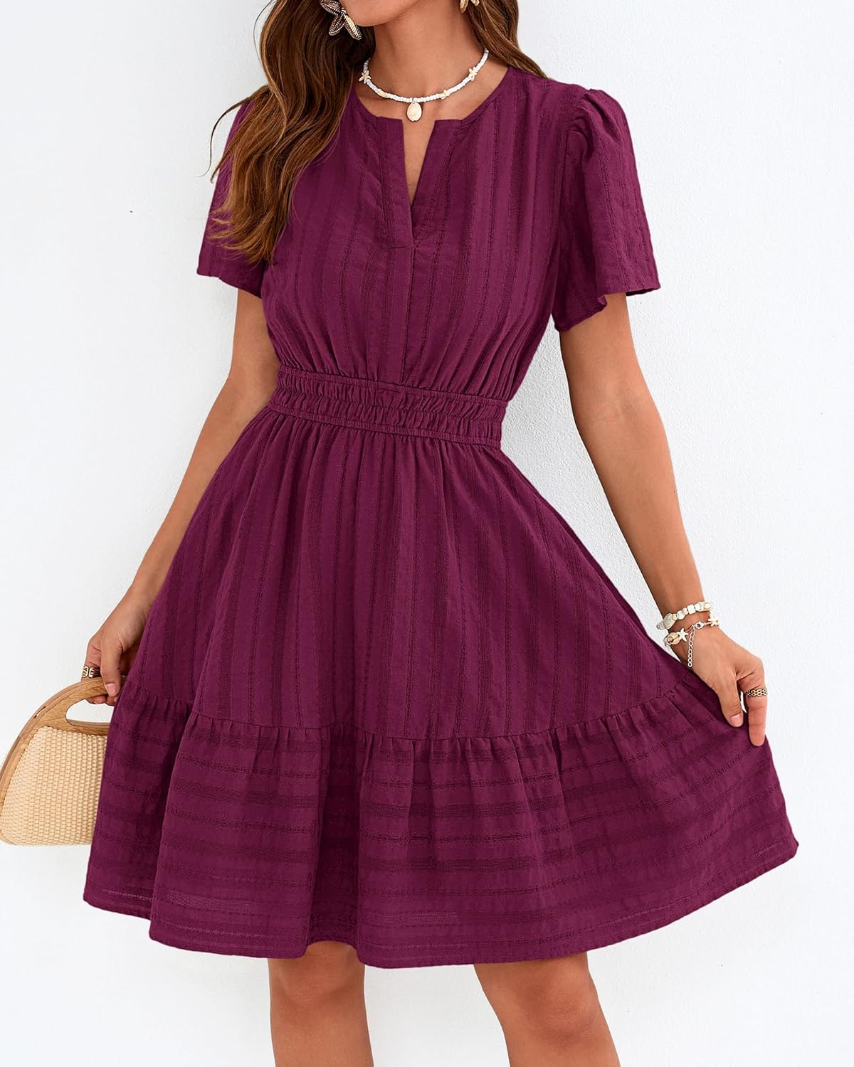 BTFBM Womens Spring 2026 Casual Mini Dresses Lightweight Short Sleeve V Neck Elastic Waist Cute Boho Beach Dress Pockets - Image 2