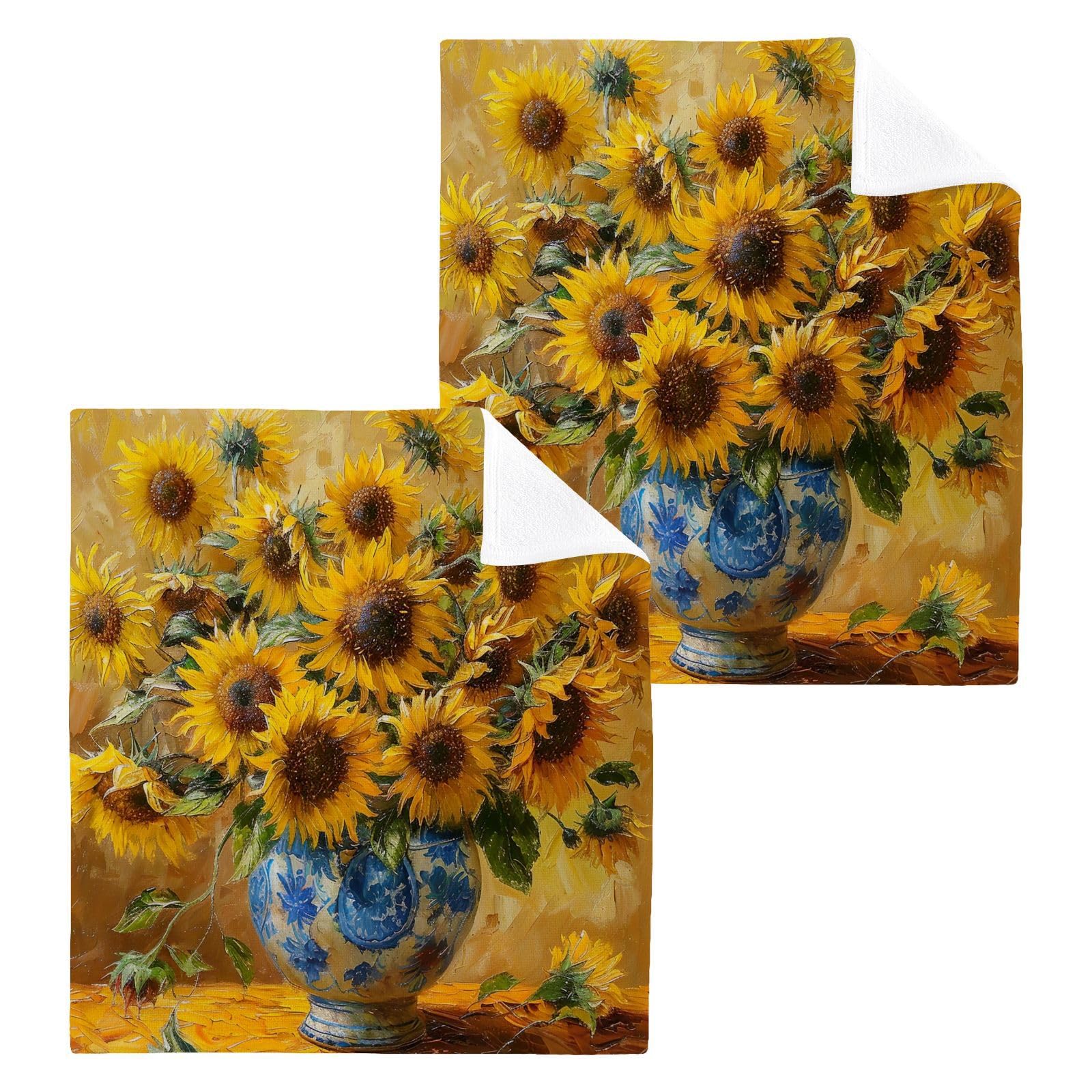 PaChyLuu 2 Pack Sunflowers Painting Cotton Washcloths Highly Absorbent Face Cloth Reusable Body Towels, Gentle for Sensitive Skin, 12 x 12 Inch