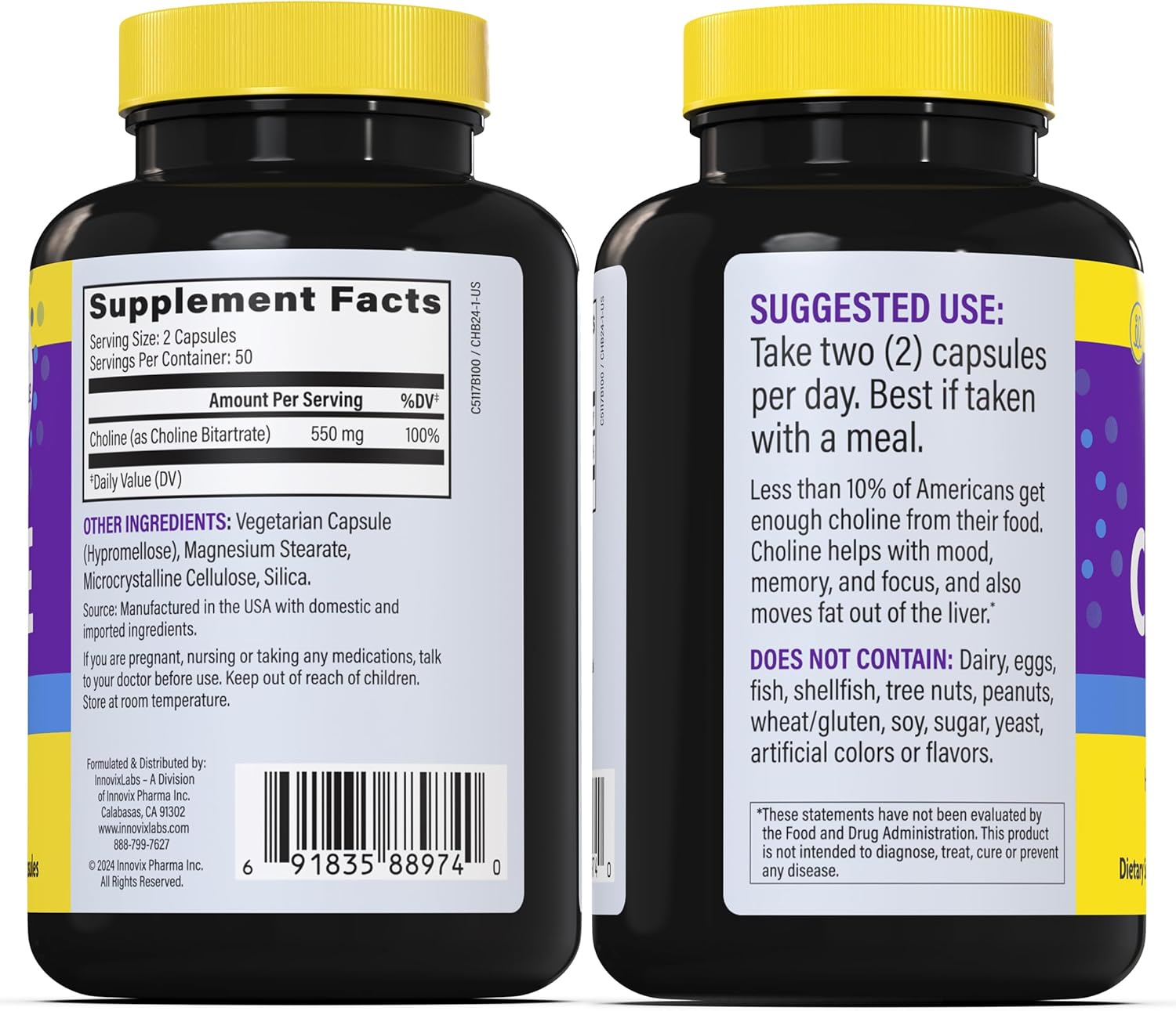 InnovixLabs Choline Supplement 550mg Pure Choline Bitartrate for Brain Health, Focus, Memory, Cognitive Development, Fatty Liver and Mood Support for Women and Men, 100 Capsules - Image 8