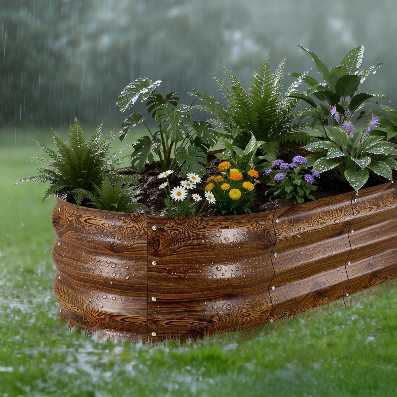 VEVOR Potager Surélevé Métal 120x60x30 cm Carré Potager Surélevé Lot de 2 Lit de Jardin Ovale pour Culture Légumes Fleurs, Fond Ouvert, Galvanisé Aluminium-Zinc, avec Gants, Aspect Grain Bois Foncé