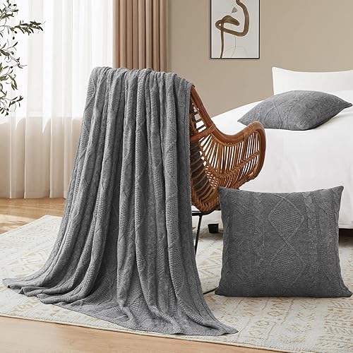 Miniatura 2 de Aormenzy Manta y fundas de almohada de punto trenzado gris, 3 piezas, manta de punto de 50 x 60 pulgadas y 2 fundas de almohada decorativas de 18 x