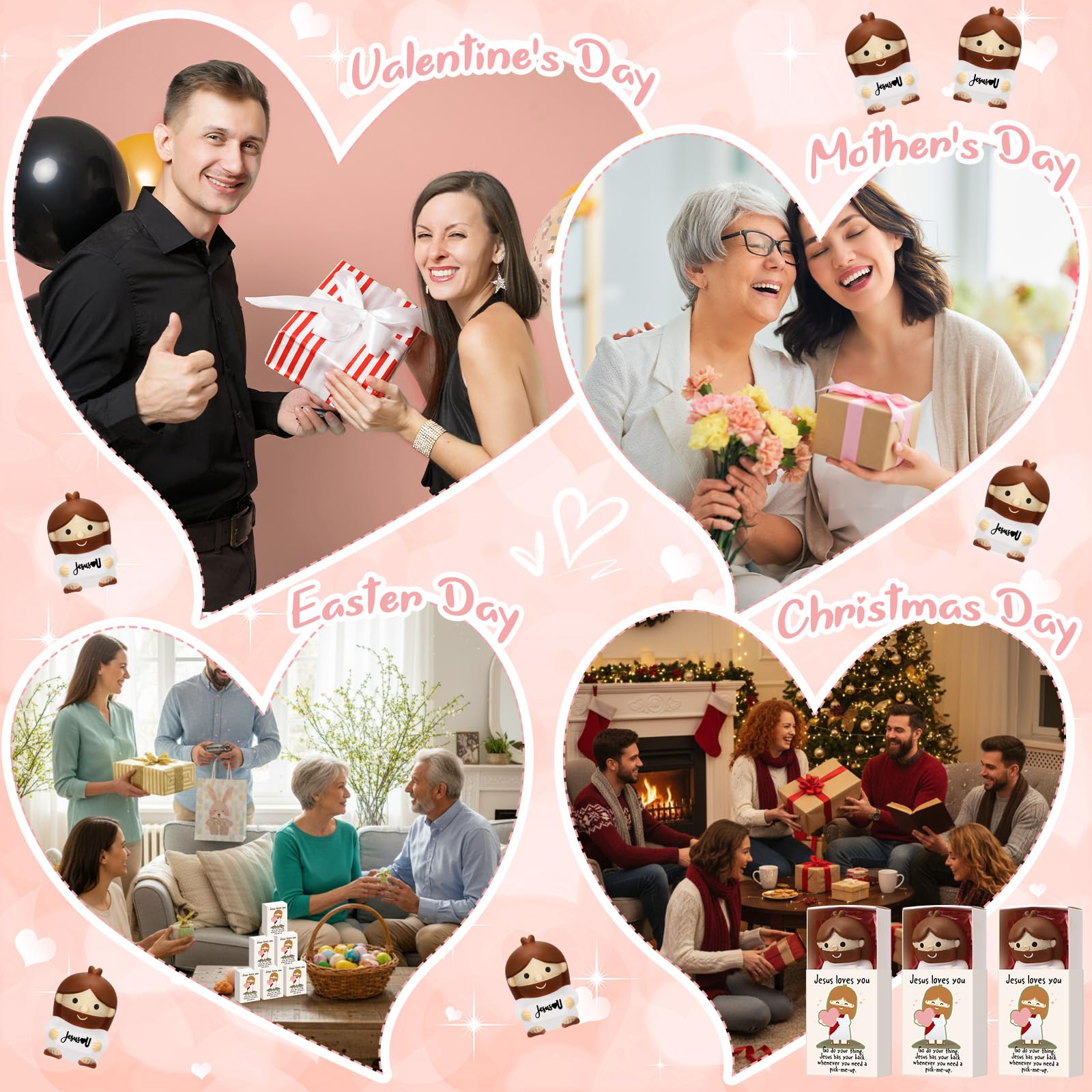 Wettarn 30 Sets Jesus Loves You Gifts Jesus Figures Stress Balls with Support Boxes for Christian Religious Church Stuffers Faith Desk Decor Christmas Valentines Day Party Favors