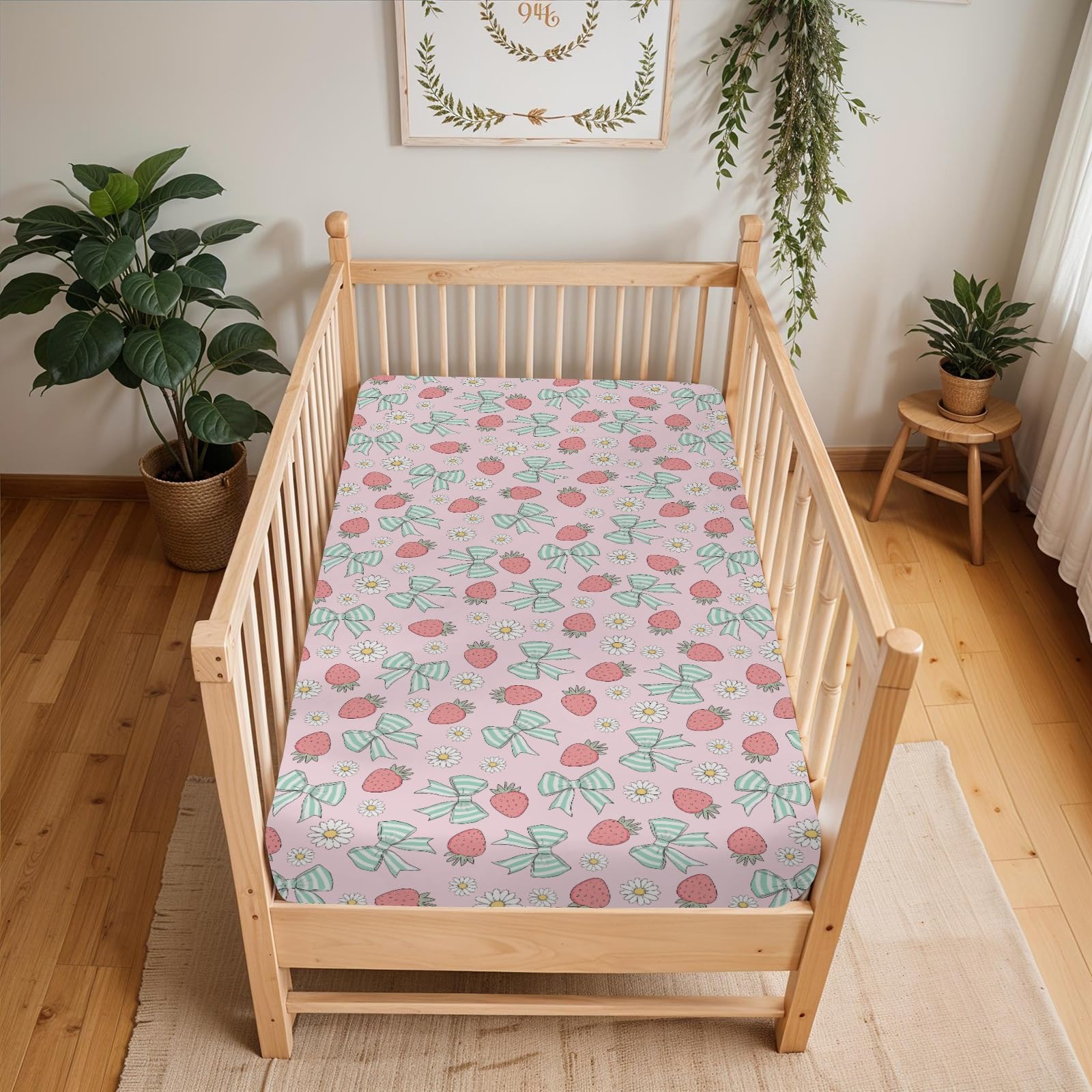 Pink Strawberry Green Bows Daisy Baby Crib Sheets for Boy Girl 52x28Inch Strawberries Bows Soft Stretchy Fitted Crib Mattress Covers Cute Summer Fruit Baby Sheet for Standard Crib & Toddler Mattress