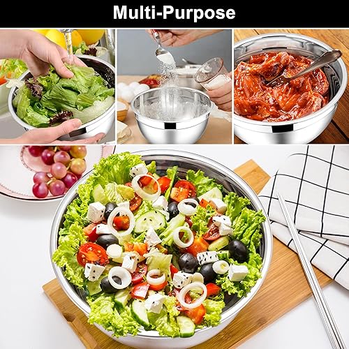 Miniatura 4 de E-far Tazones para mezclar con tapas, 6 cuencos de acero inoxidable para ensalada, cuencos de metal para hornear, cocinar y preparar, tapas