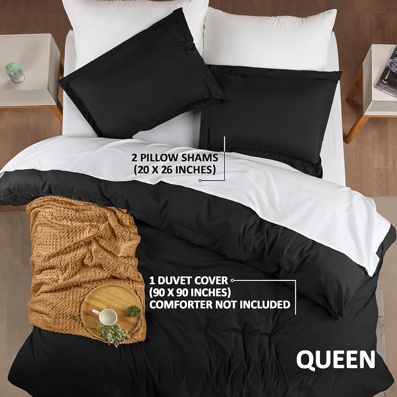 Duvet Cover Queen, 3 Piece Cotton Like Polyester With Zipper Closure, Black image 2