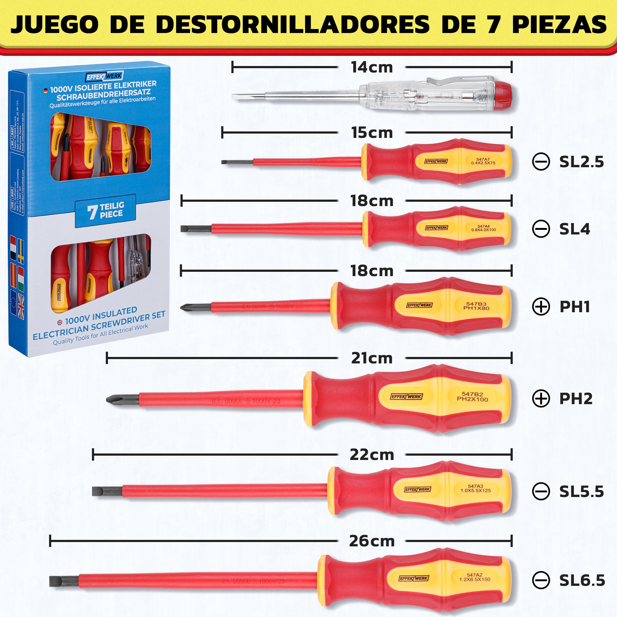 Juego de destornilladores para electricistas de 7 piezas - 4 ranurados, 2 destornilladores Phillips con probador de voltaje - 1000V aislados y probados VDE con puntas magnéticas