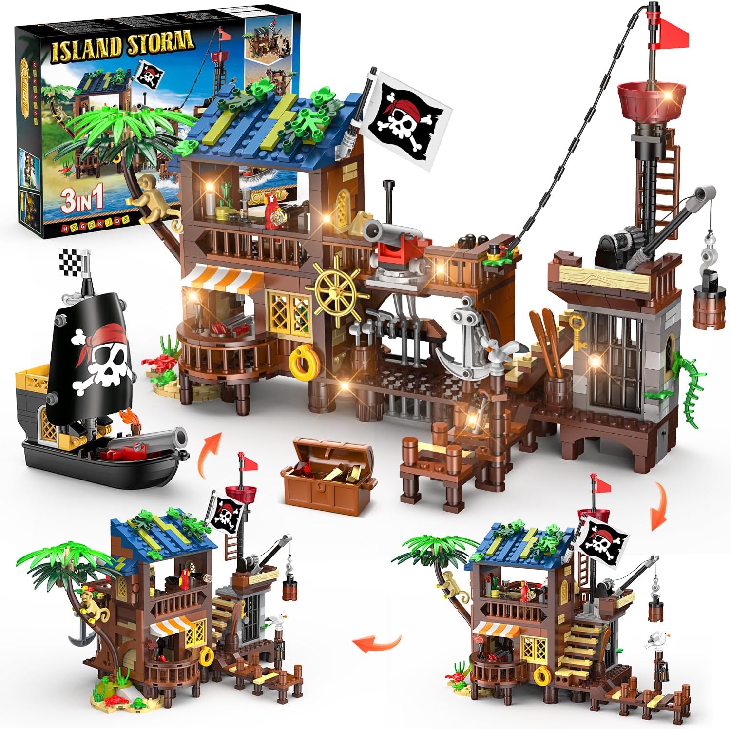 Pirate Ship House Building Set with LED Light - 3 Style Modes Pirate Wharf Supply Center Building Block Set, 781PCS STEM Bricks Kit for Kids Girls Boys Ages 6-12+ Valentines Gifts