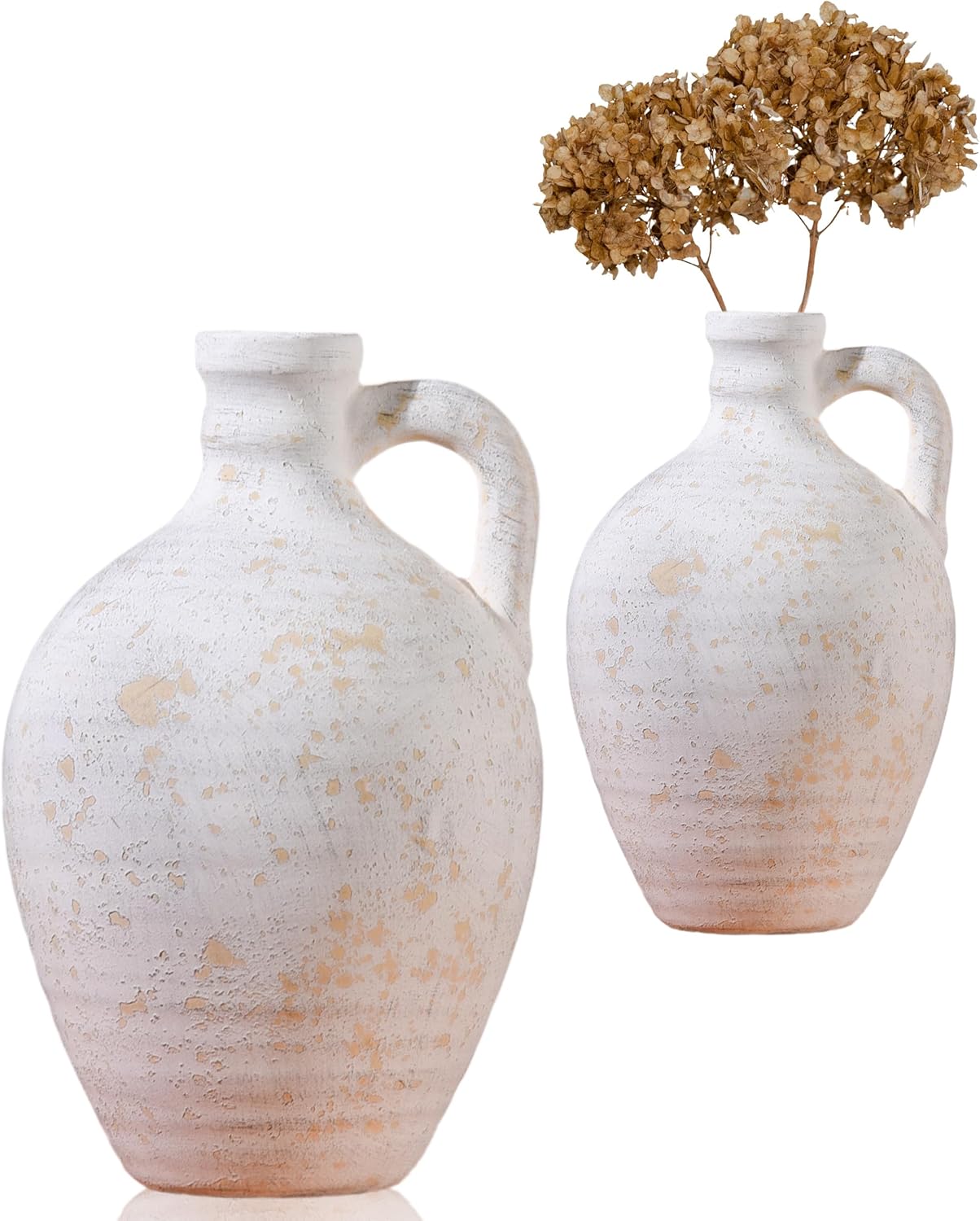 UPWOIGH 14 in Vintage-Inspired Distressed Ceramic Vase with Double Handles, White Handmade Look Flower Vase with Intentional Black Distressing, Modern Rustic Decorative Pottery for Living Room Table
