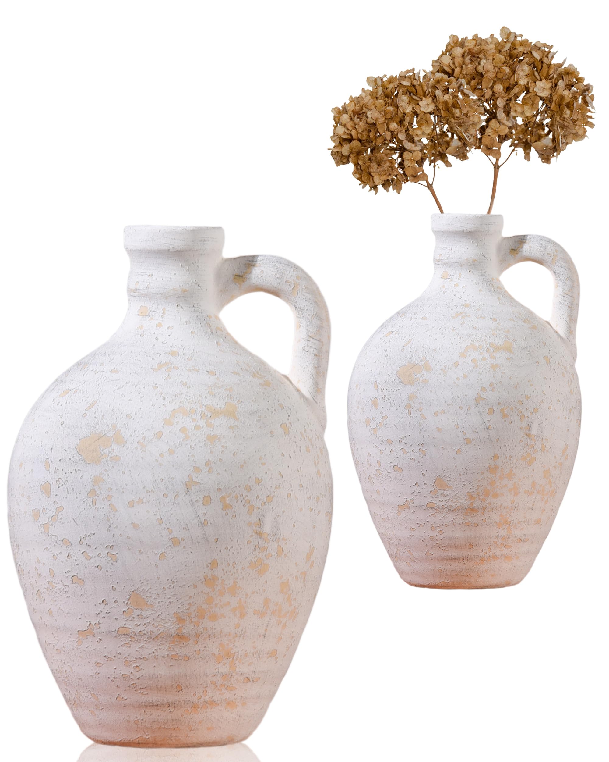 UPWOIGH 9.8in Tall Vintage Handle Ceramic Vase, Antique White Pottery Vase Living Room Table Decor, Beige Speckles Distressed Black Markings Rustic Farmhouse Bedroom Accent, Ideal Gift 1Pack