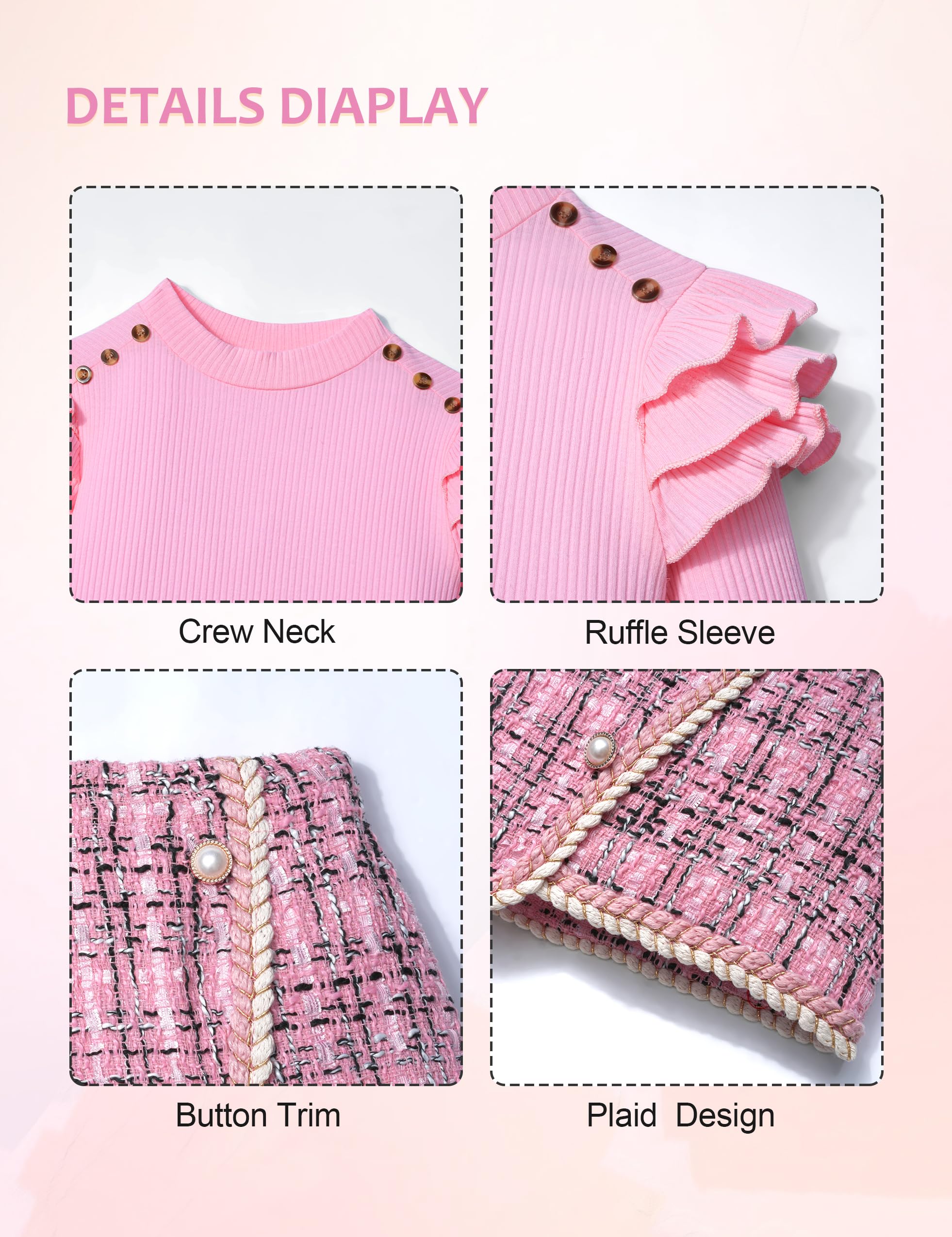 Conjunto de falda para niñas de manga larga con volantes y falda a cuadros, conjunto de ropa para niñas de 2 piezas