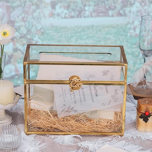 Miniatura 6 de NCYP Caja para tarjetas de boda con ranura, 9.8 x 5.6 x 7.7 pulgadas, caja sobre de vidrio dorada para recepción de fiesta de cumpleaños, centro de