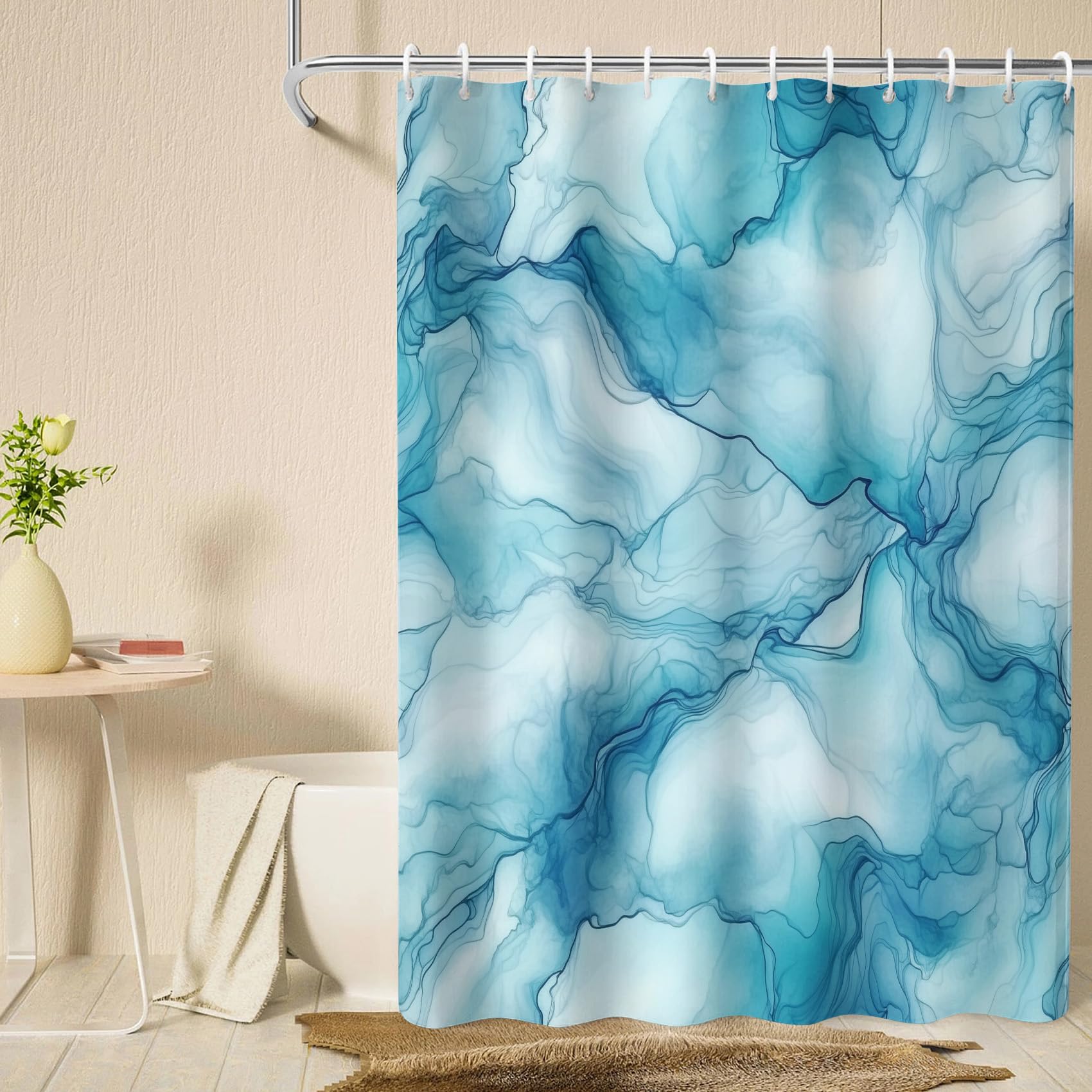 Nowoczesna abstrakcyjna zasłona prysznicowa z niebieskim marmurem, 183 x 213 cm, tkanina do dekoracji łazienki z 12 haczykami, akwarela artystyczny design do eleganckich akcesoriów łazienkowych