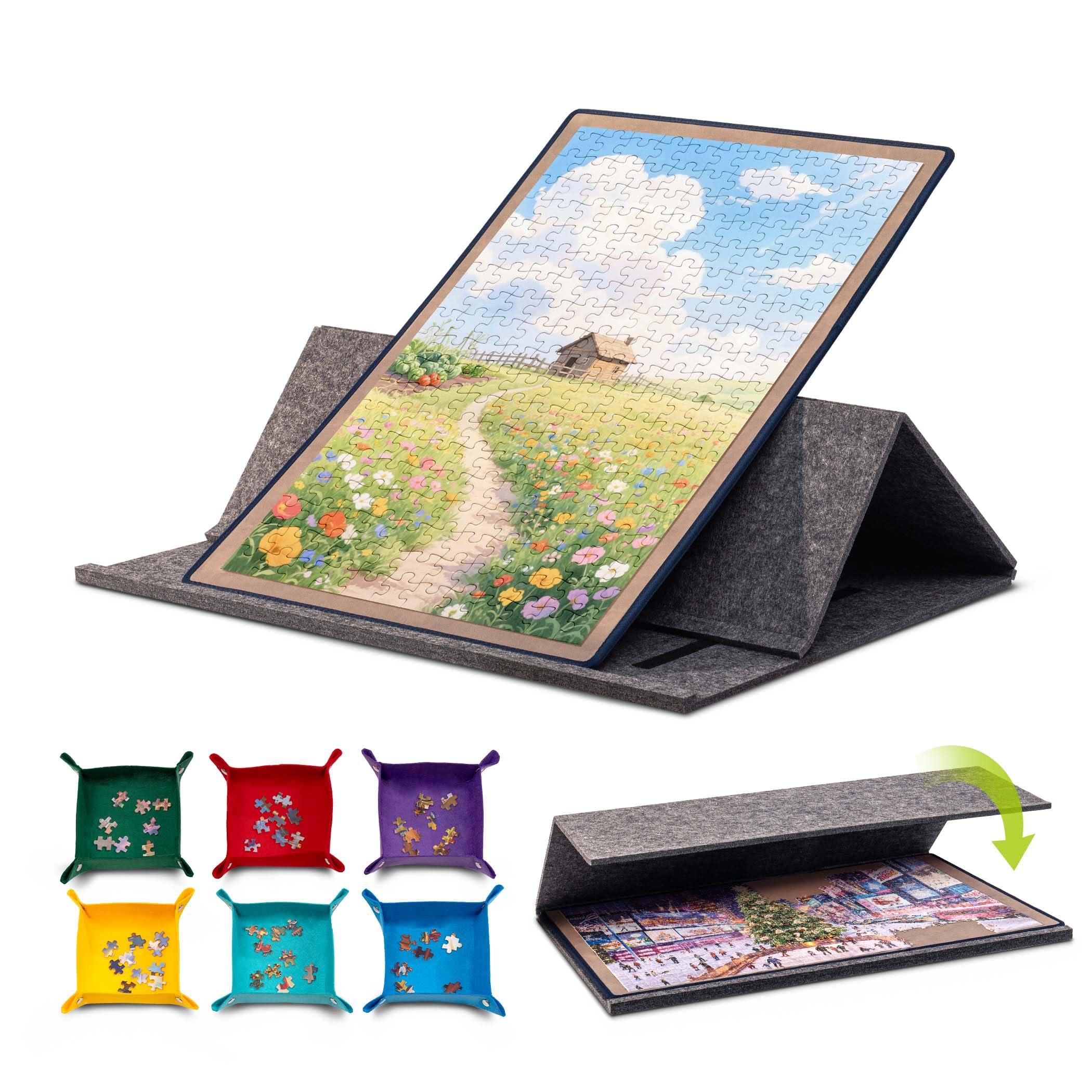 Tektalk Puzzle-Brett mit 2-in-1-Stand- und Abdeckdesign, mehrwinkelverstellbare Halterung und 6 Farbsortierboxen, Matten für die Aufbewahrung/den Schutz von Puzzles, bis zu 1000 Teile – grau