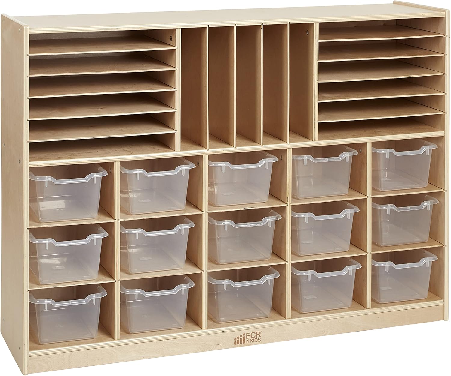 ECR4Kids Multi-Section Mobile Cabinet with Scoop Front Storage Bins, Natural, Classroom Furniture, Clear, 16-Piece