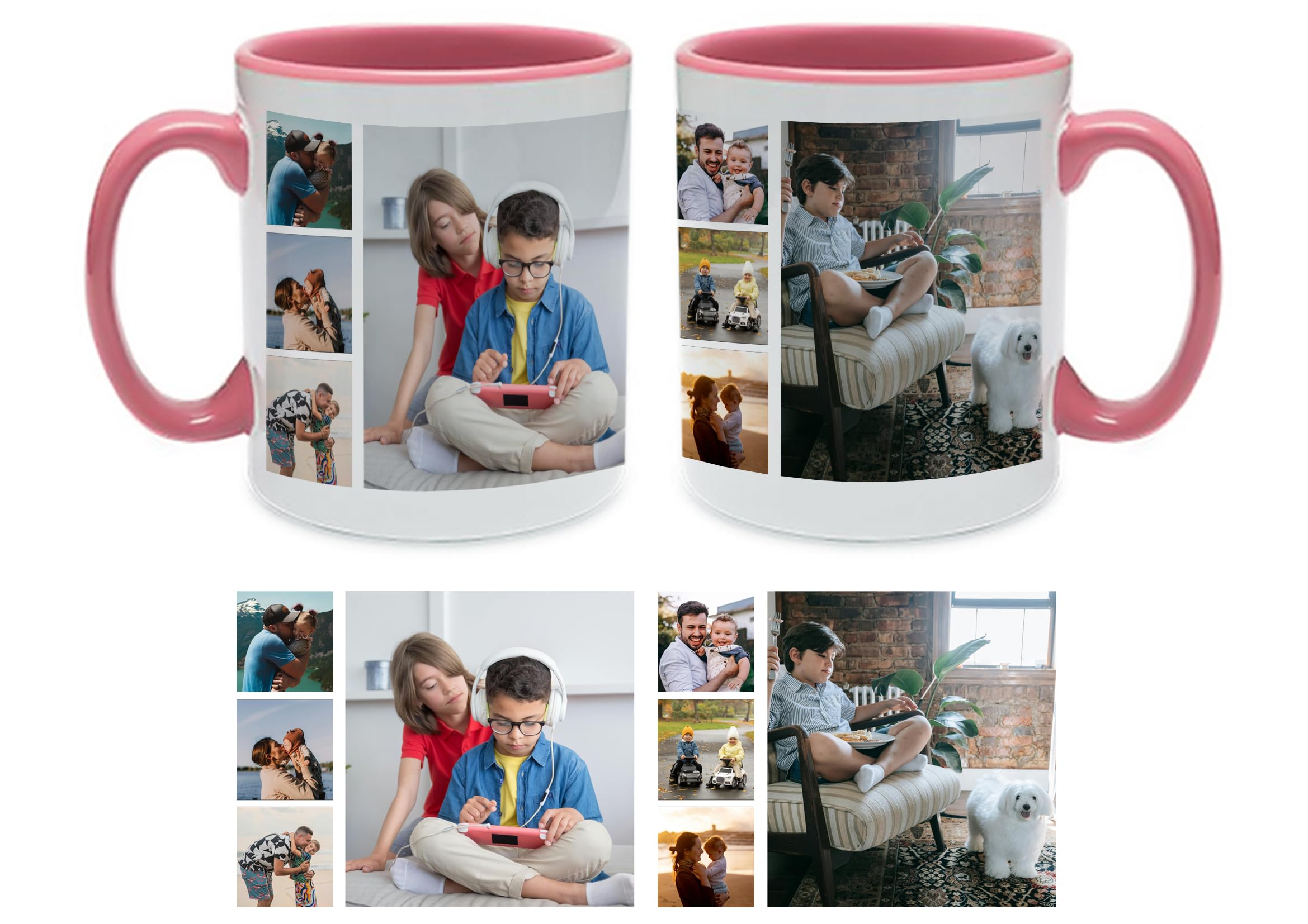 Personalised with Multi Photo Collage Mug Memorable Gift for Family,Friends,Birthday,Any Occasion Coffee Tea 11oz Inside Coloured Ceramic Mug. (8 Photo, Pink)