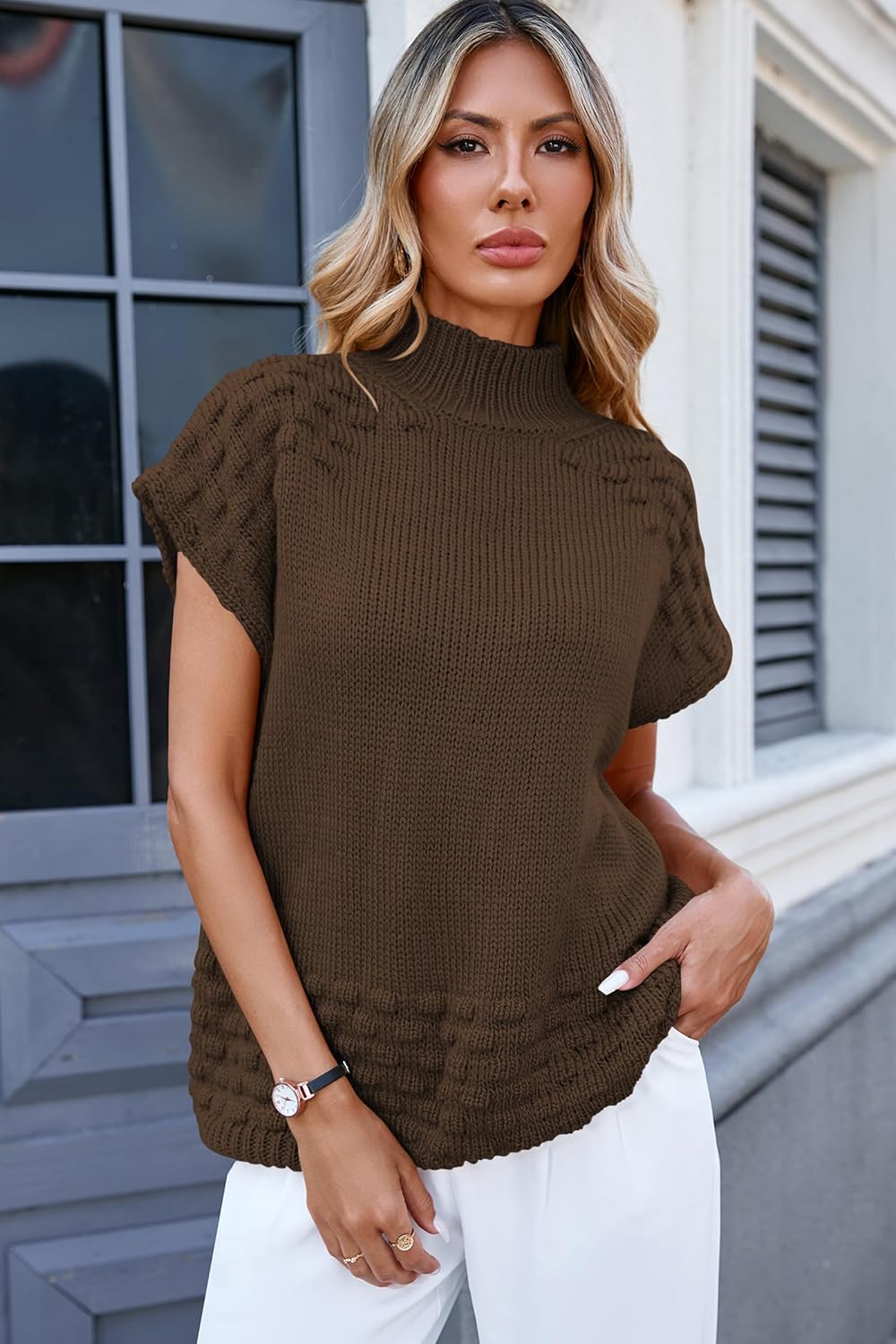 Cakulo Womens Oversized Sweater Vest Mock Neck Knit Pullover Fall Sleeveless Short Sleeve Sweaters 2025 Coffe XL - Image 4