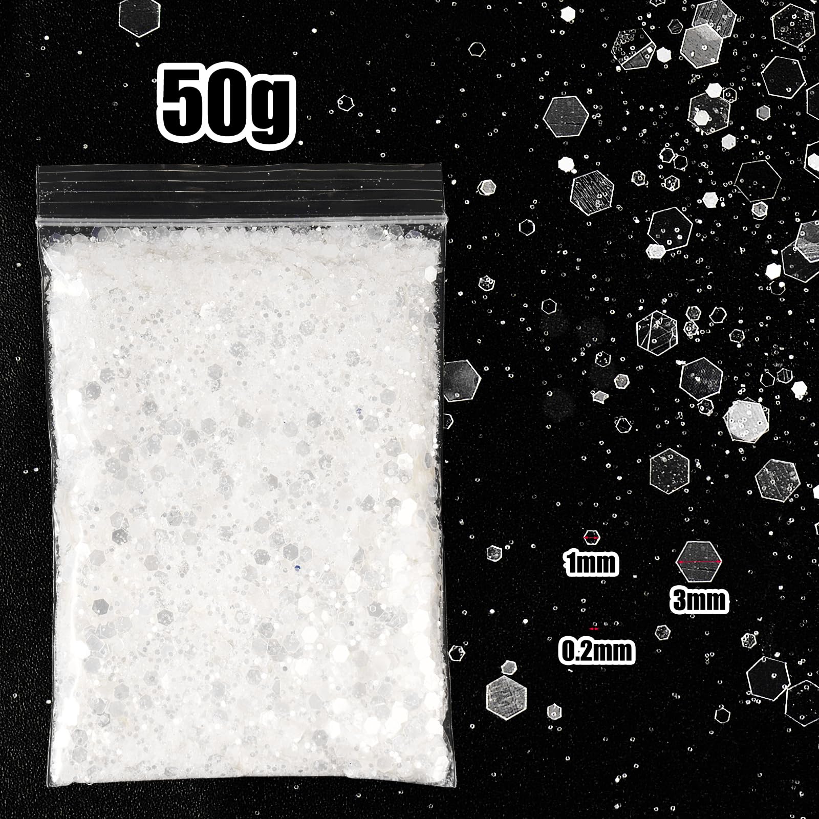 BETESSIN Polvere Glitter 50g per Artigianato, Unghie, Corpo e Creazione Fai da Te - Bianco Argentato
