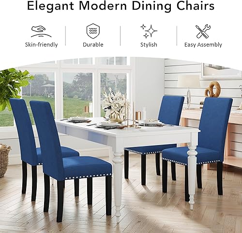 Miniatura 7 de LSSPAID Juego de 4 sillas de comedor tapizadas de tela con ribete de cabeza de clavo y patas de madera maciza para el hogar y la cocina, color azul