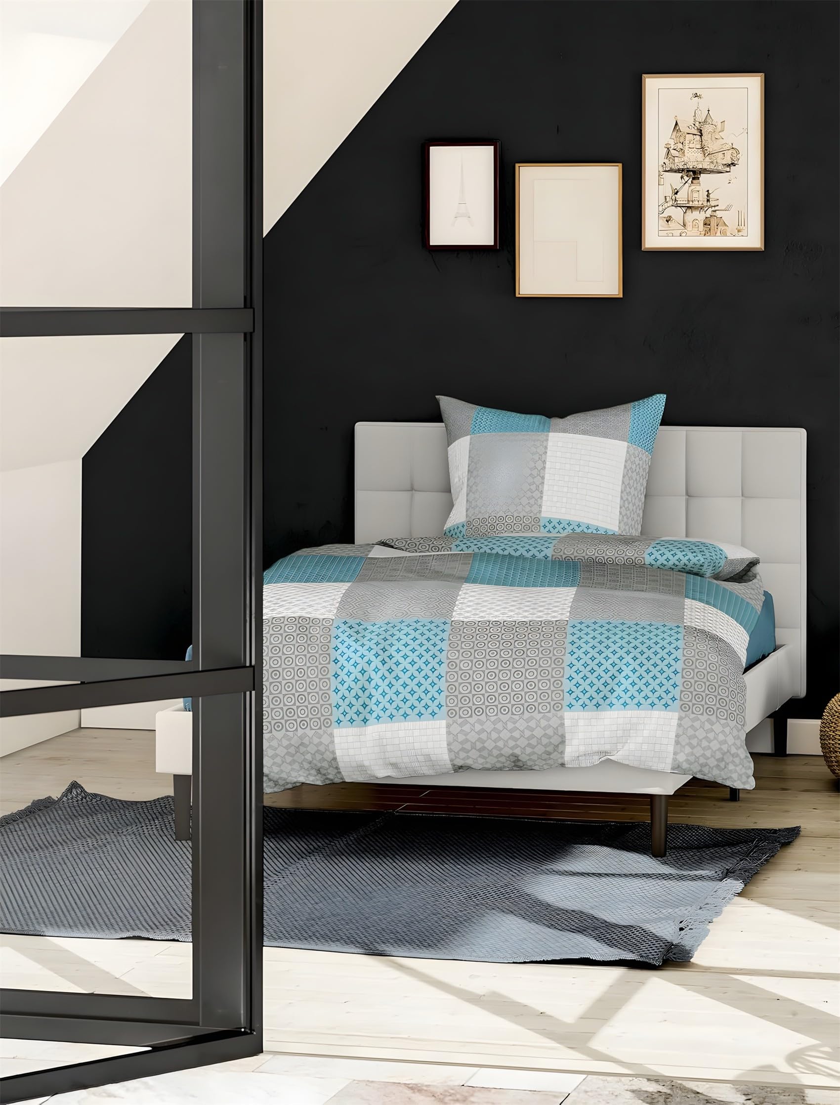 Parure de lit 240 x 260 anti-plis en microfibre douce pour lit adulte à carreaux