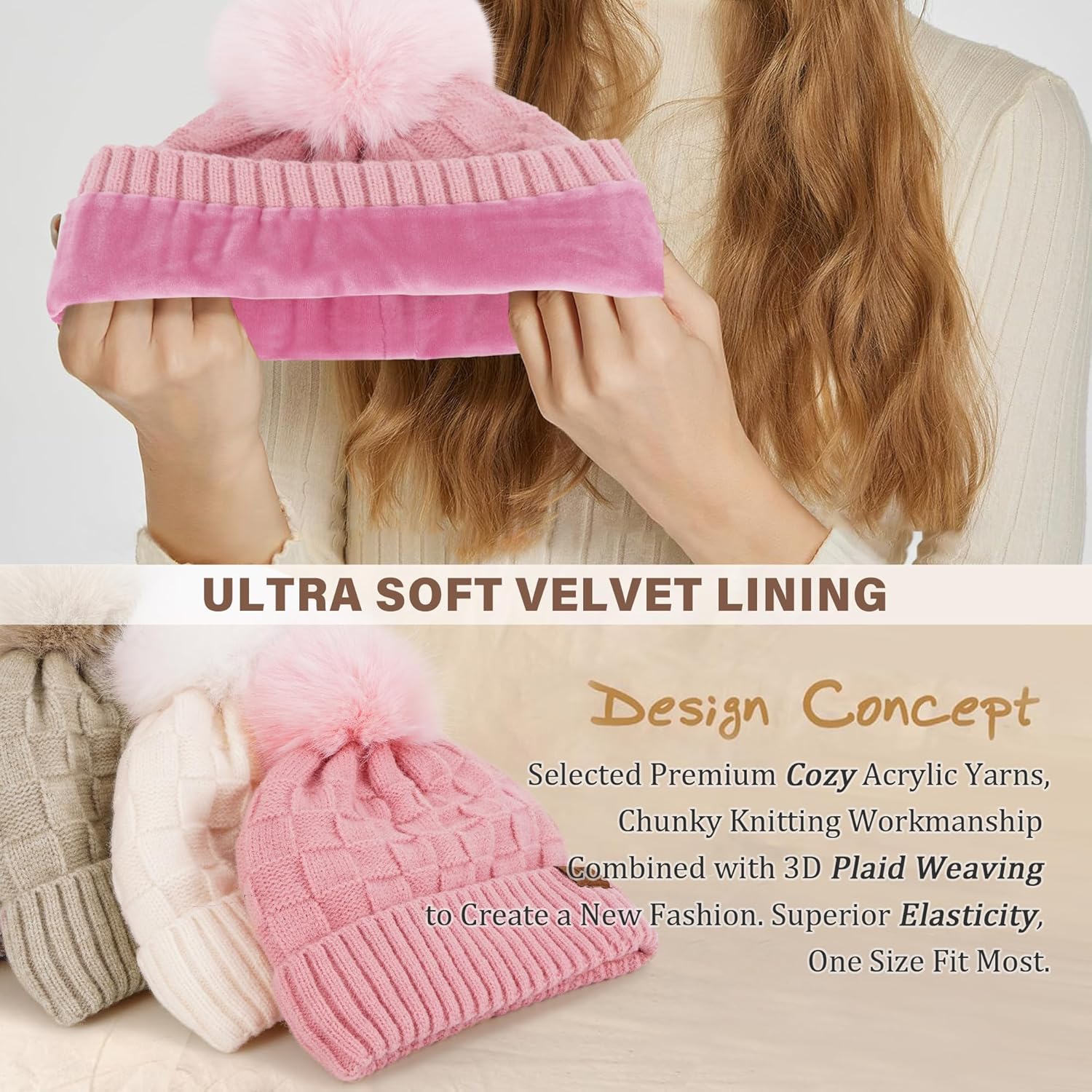 Women Winter Beanie Hats Knit Plaid Pompom Beanies Slouchy Fleece Lined Womens Hat Skull Cap Cold Weather Gifts for Women - Image 2