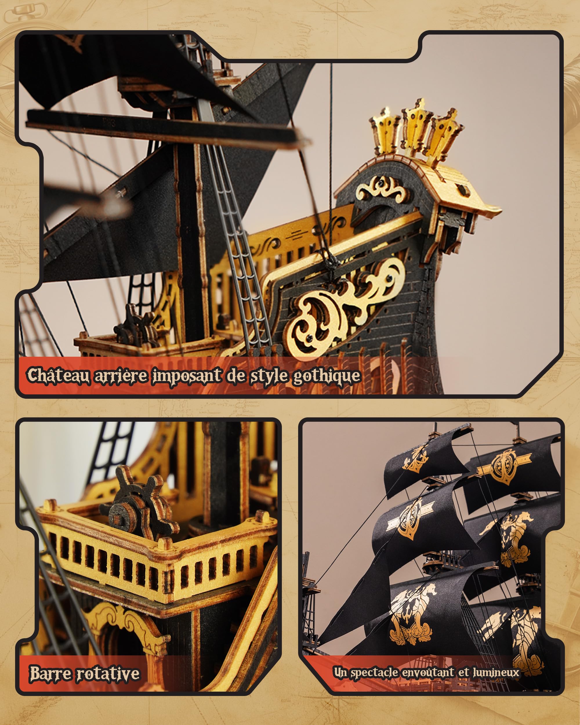 ROBOTIME Puzzle 3D Bois Voilier, Maquette Bateau en Bois a Construire, Mécanique DIY Construction de Bateaux, Puzzle Modèle pour Adulte Enfant, Echelle 1:100 Seahorse Barque MCB02