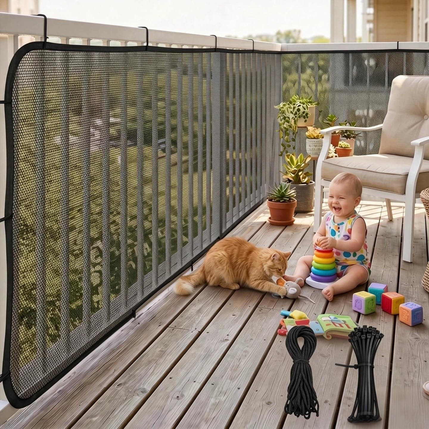 Banister Guard 15 x 3 ft Heavy Duty Stair Railing Cover for Pets, Reinforced Seam Dog Cat Safety Netting, No-Drill Balcony Barrier for Apartment Stairs, Black.