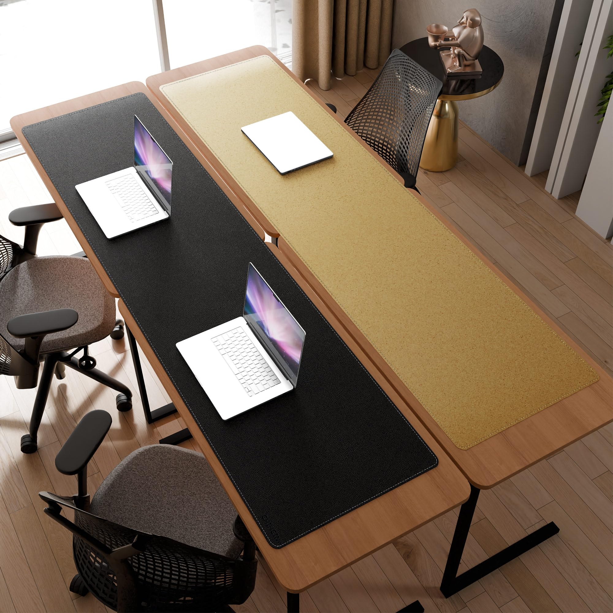 Chihein Mata na biurko z korka i skóry PU – 200 x 50 cm, duża mata na biurko do biura, gier lub domu, idealna jako dwustronna mata na biurko (czarna)