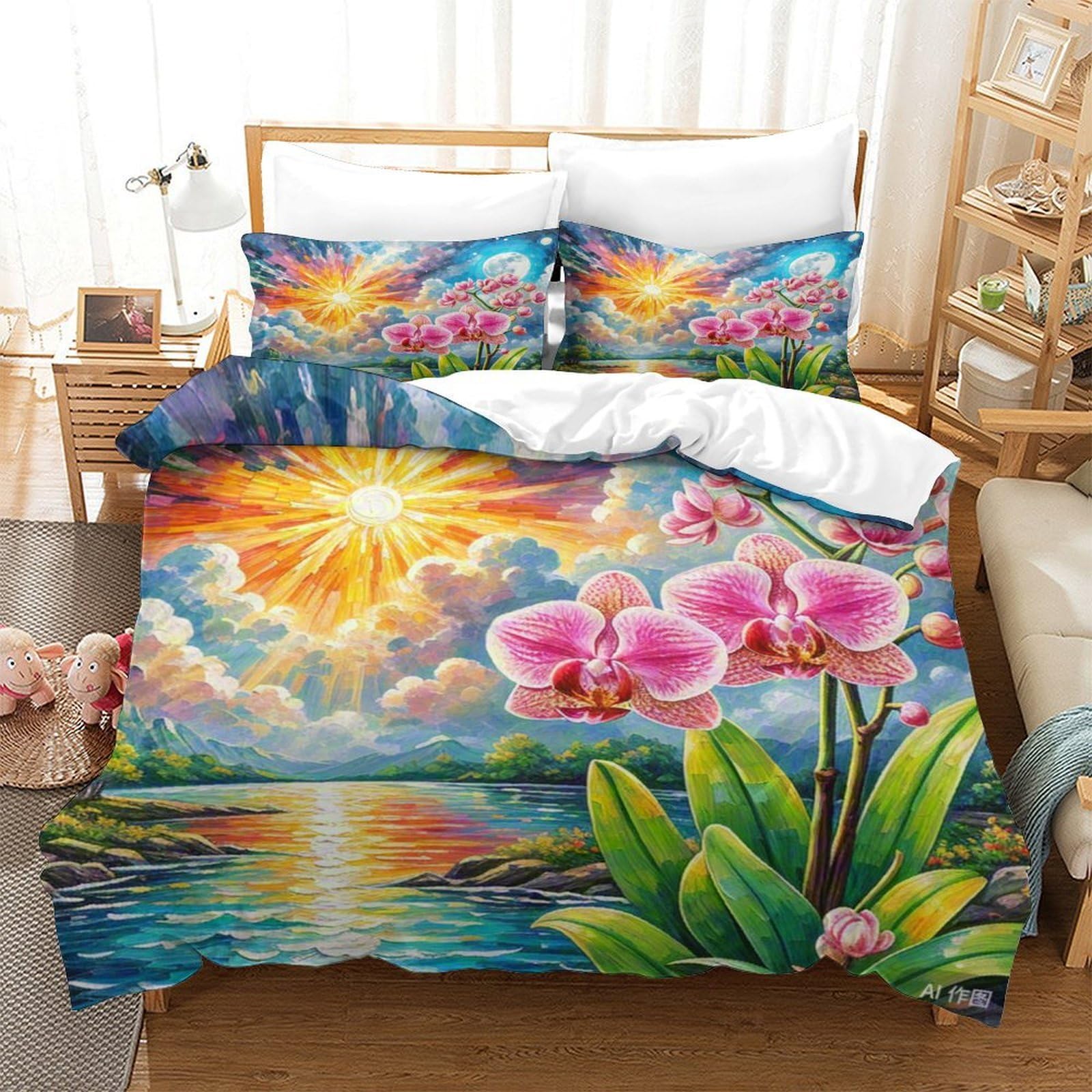 Housse de couette Orchidée Dendrobium parure de lit 140x200cm pour enfant ado fille garçon single