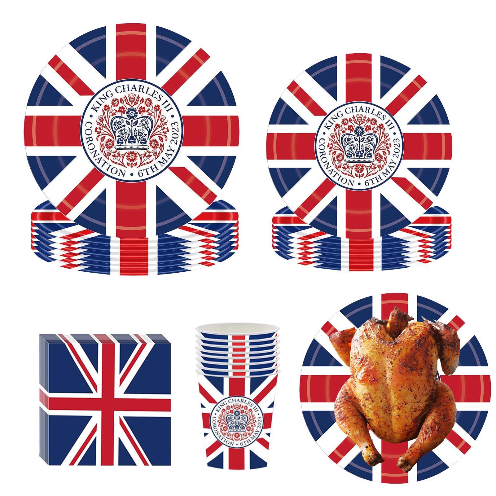 King Charles III Coronation Tableware Set | King Charles III Coronation Decorations Set | Union Jack Plates Napkins And Cups for 2023 British Party Supplies