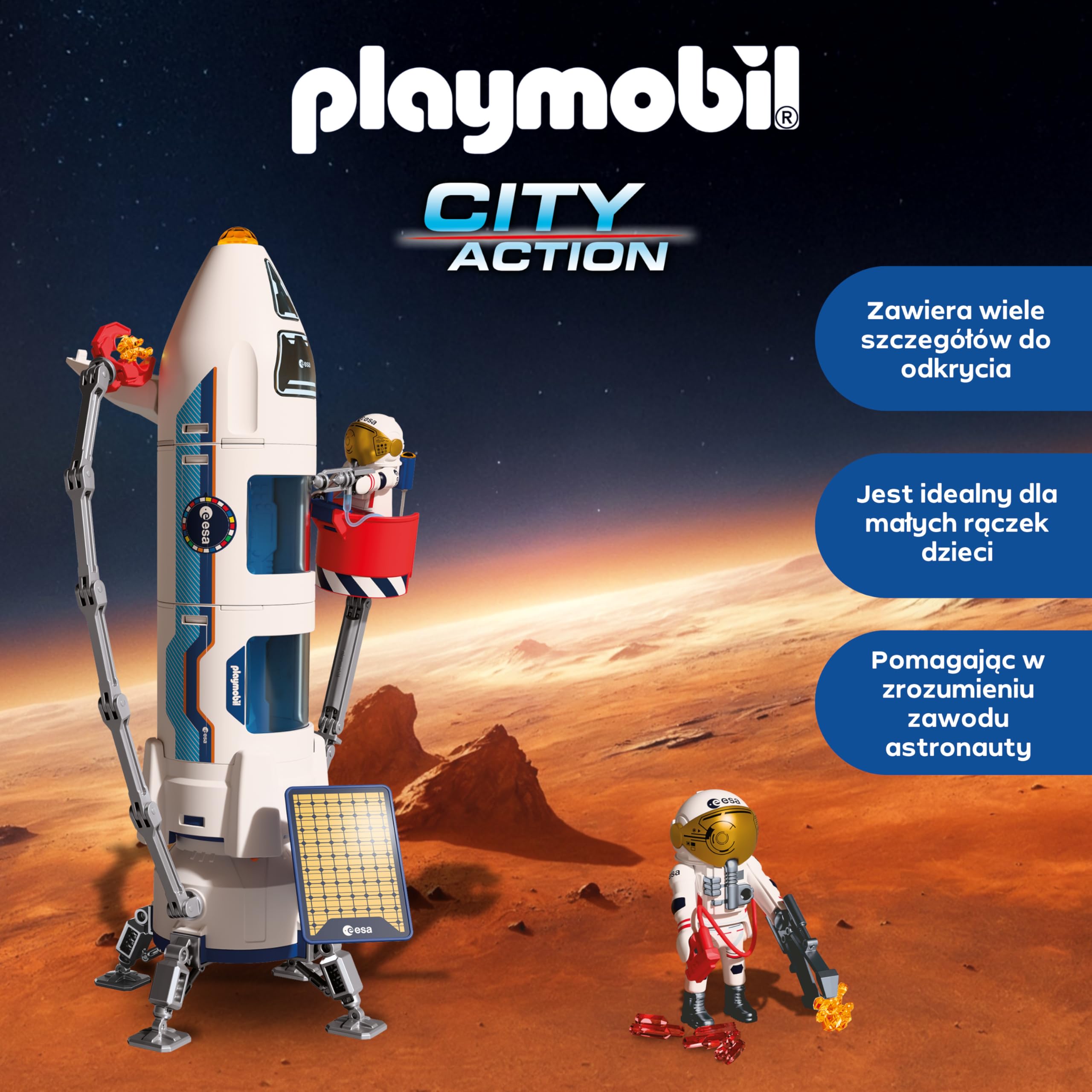 PLAYMOBIL Space ESA Mars Research Rocket | Modułowa rakieta z platformą startową i 2 astronautami | Wysokiej jakości zestaw zabawek kosmicznych | Dla dzieci w wieku od 4 lat | 72011
