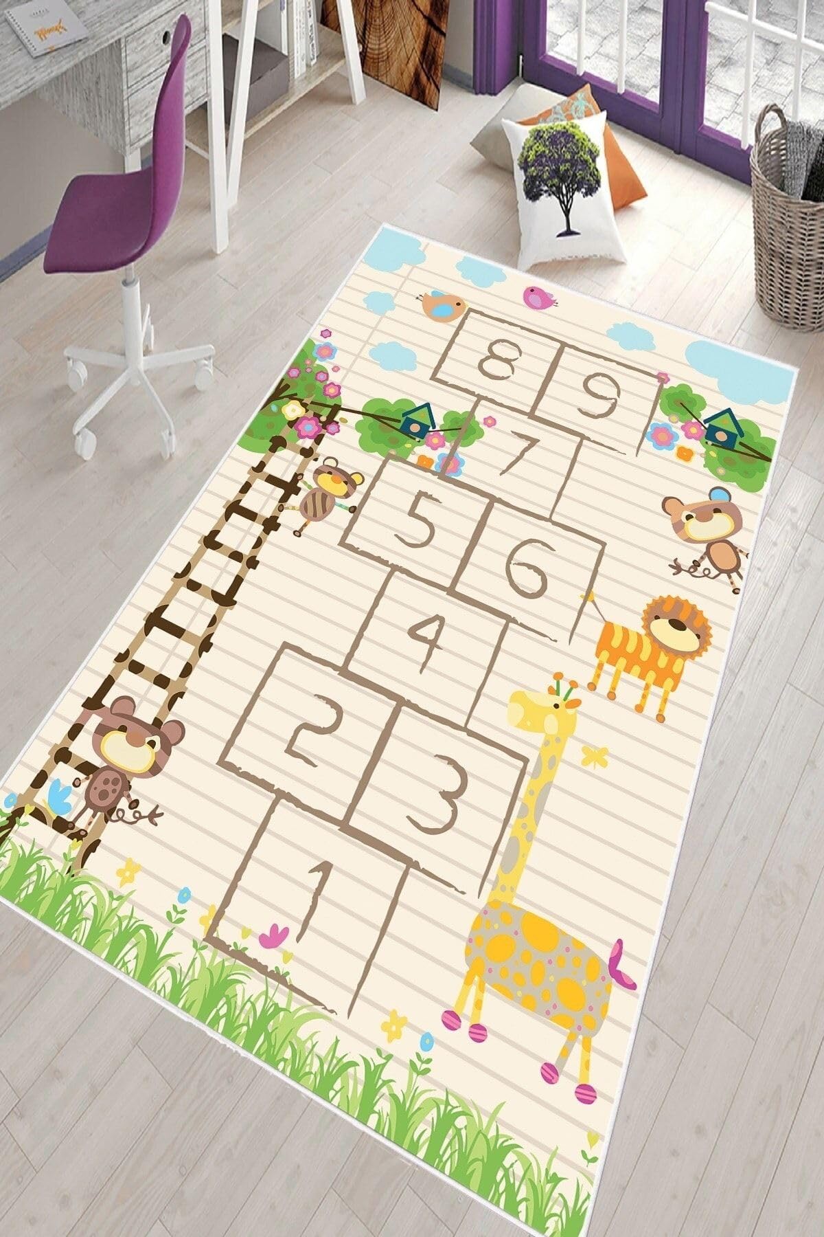 Pelangi Bej Seksek Desenli Yıkanabilir Kaymaz Taban Leke Tutmazbebek ve Çocuk Odası Halısı, Krem-Turuncu 60 x 120