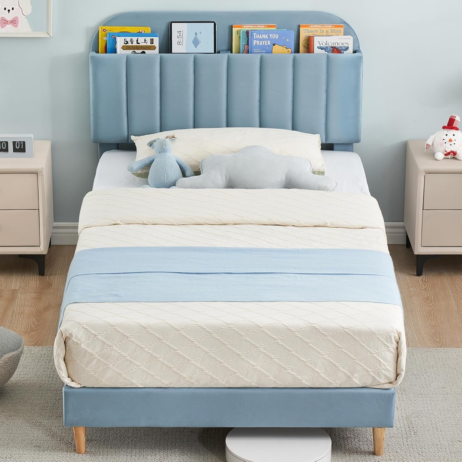 Twin Bed Frame with Bookcase Headboard, Upholstered Platform, Kids Bed Frame Twin Size Bed with Wooden Slats Support for Boys, Girls, Teens, No Box Spring Needed