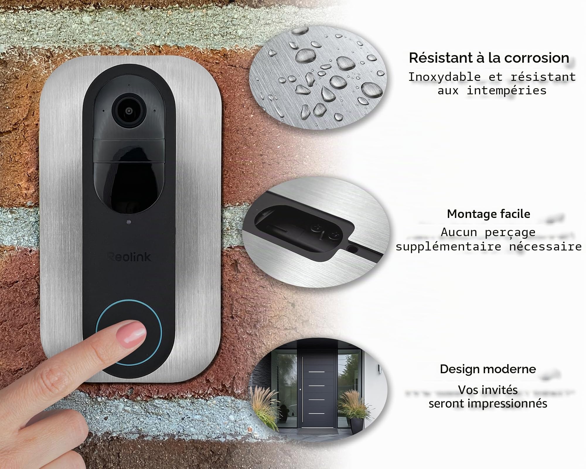 Grille en acier inoxydable | Accessoire pour sonnette vidéo Reolink | Batterie, 5MP, Ultra HD, 2K, 4MP, WiFi, PoE, batterie | Support, bouclier, plaque pour sonnette sans fil