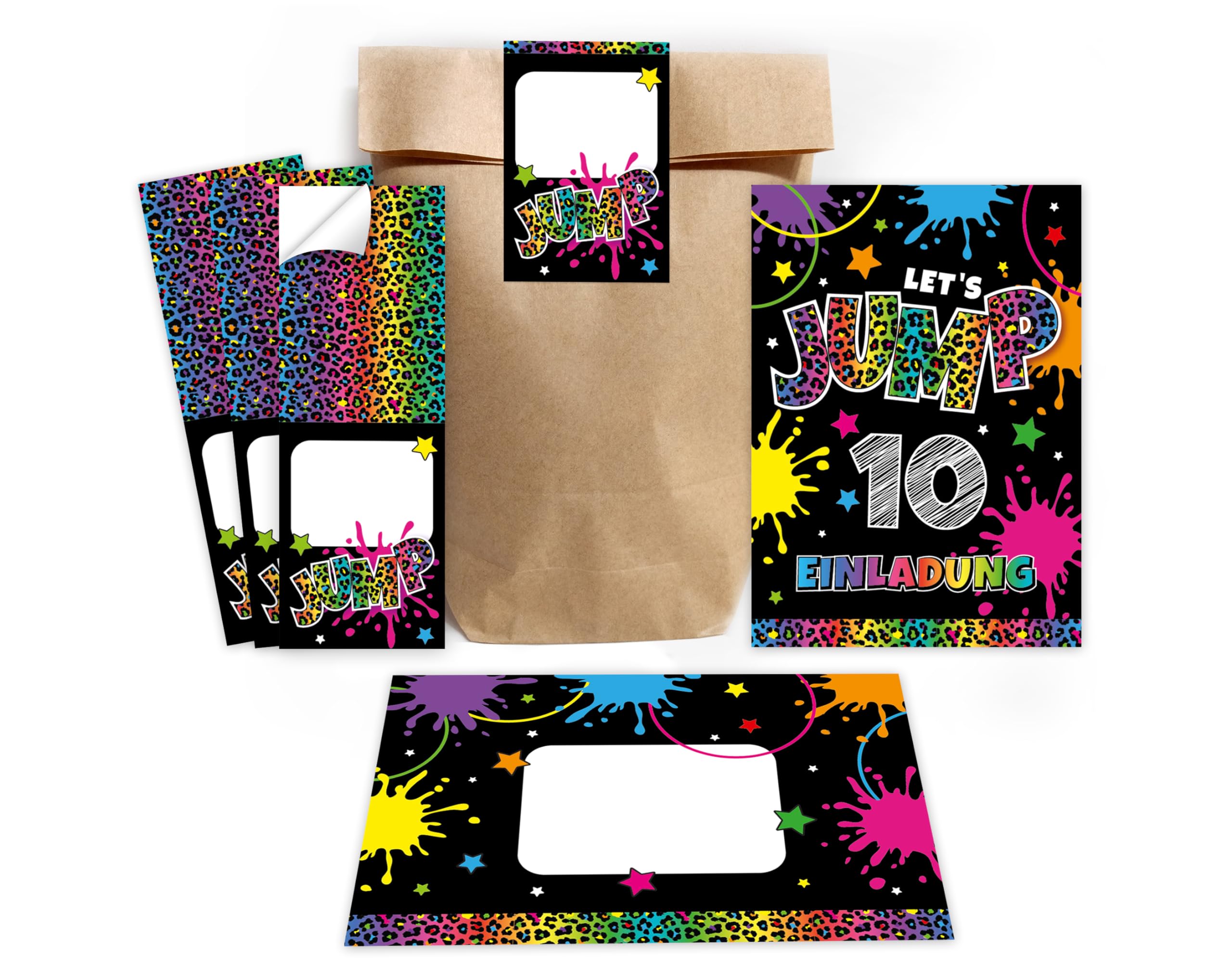 Minkocards 12 Einladungskarten zum 10. Kindergeburtstag Mädchen Jump Trampolin Einladungen zehnte Mädchengeburtstag incl. 12 Umschläge, 12 Partytüten/natur, 12 Aufkleber
