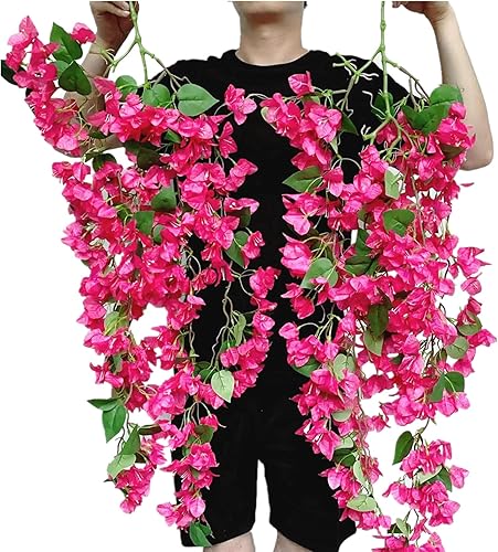Miniatura 3 de Paquete de 2 flores colgantes de buganvillas artificiales, flores de seda sintética, flores completas, enredaderas florales para interiores y