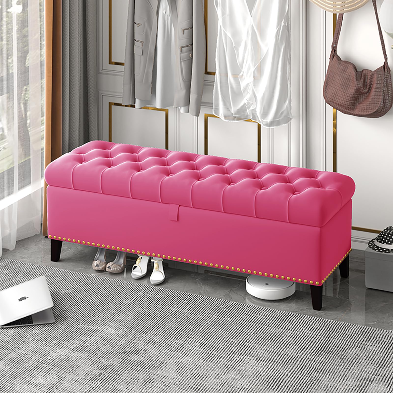 Pouf rectangulaire en velours avec rangement 80cm pour bout de lit
