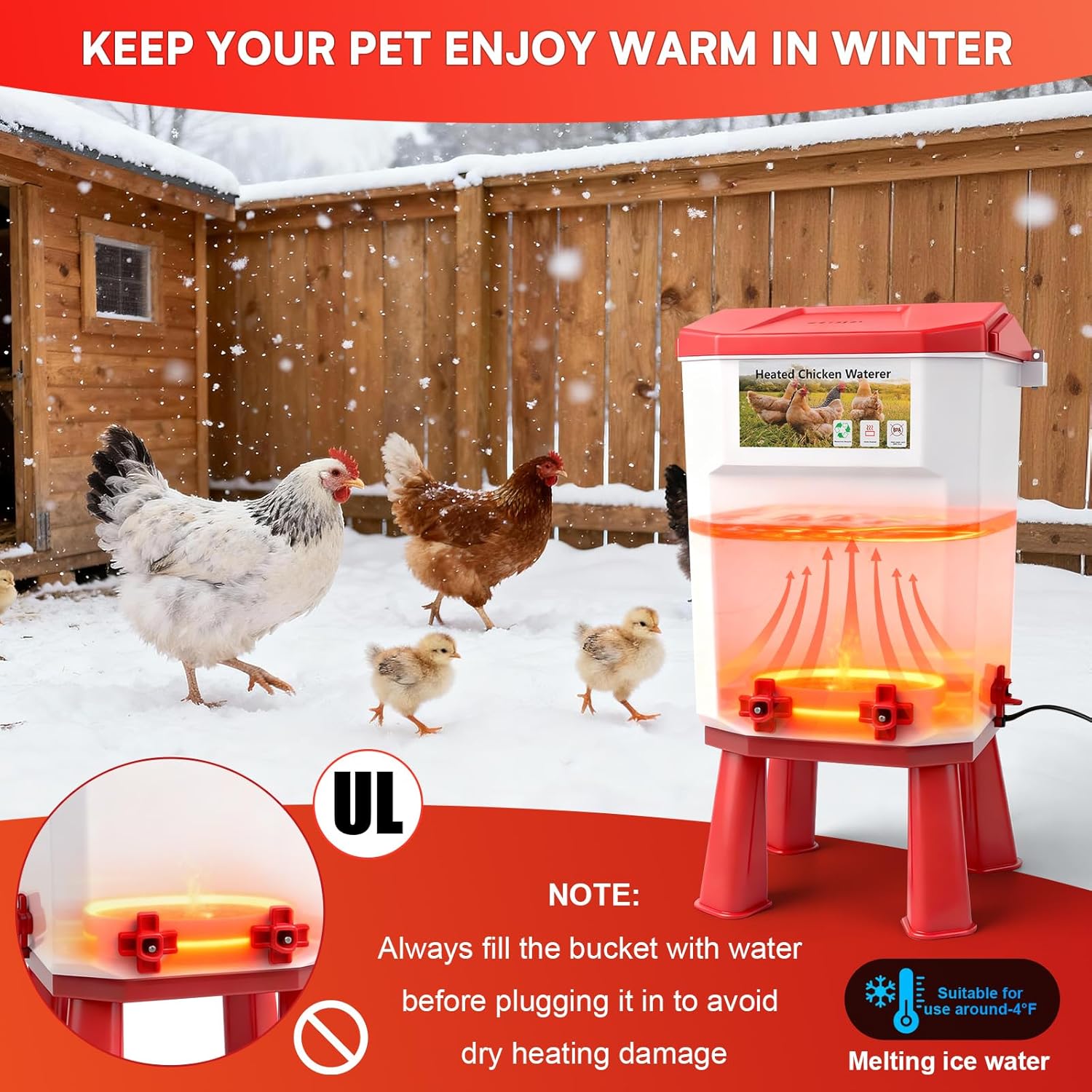 3 Gallon Heated Chicken Waterer for Winter Automatic Chicken Water Heater,Adsjustable Height Anti-Freezing Poultry Watering System with Thermostatic Control,Red,12.5 in x 8.3 inch x 8.3 in