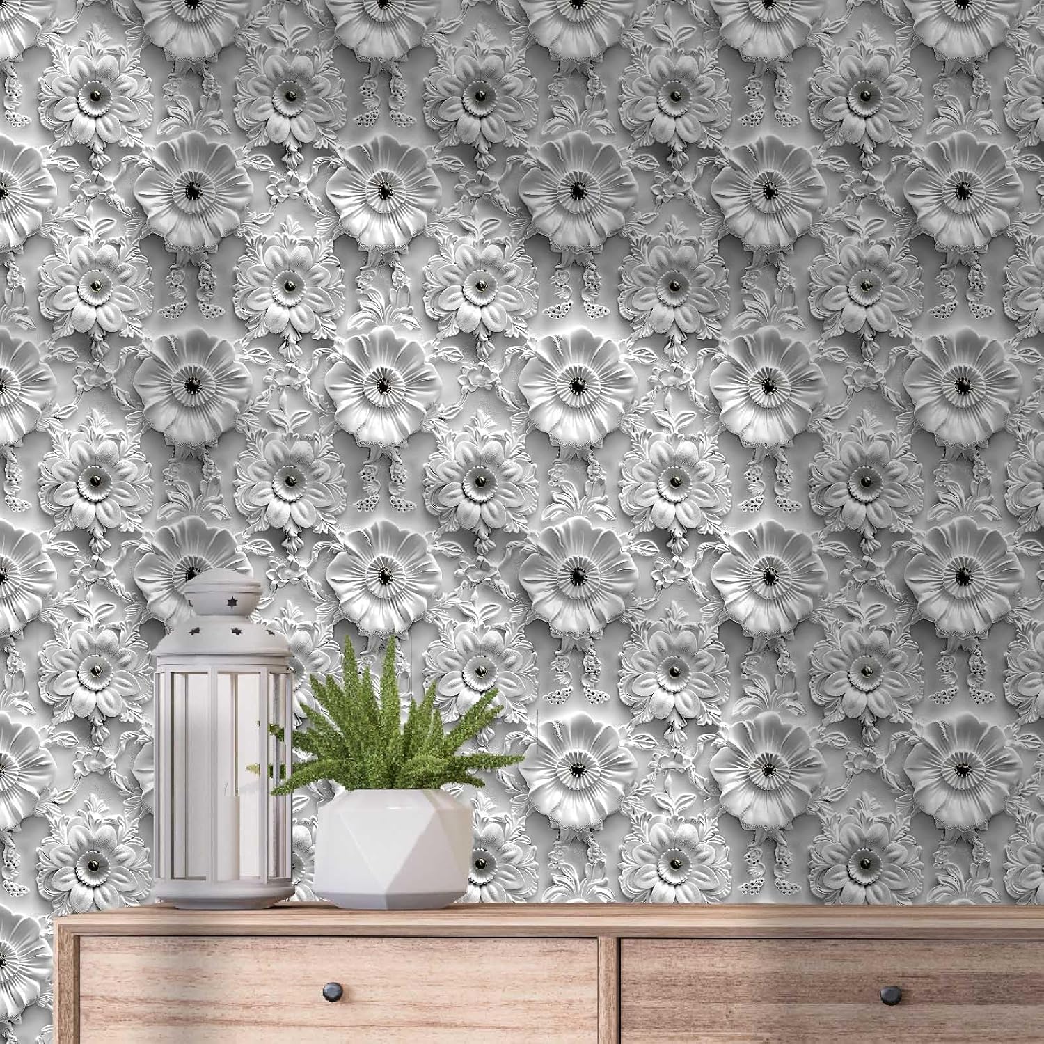 Grey White Floral Peel and Stick Wallpaper Modern Removable Self Adhesive Vinyl Contact Wall Paper with Printed 3D Visual Effect Flowers for Bedroom Bathroom Living Room 17.7" X 354"